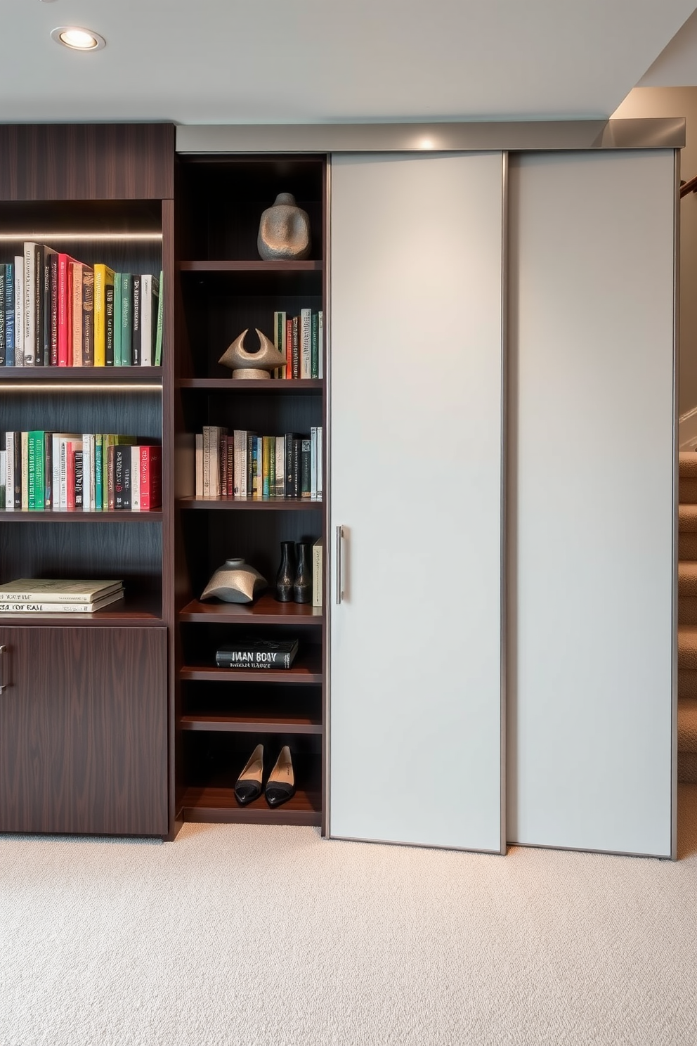 Elegant display for books and decor. A sleek bookshelf made of dark wood showcases an array of colorful books alongside decorative objects like sculptures and vases. Small closet under staircase design ideas. The closet features sliding doors with a minimalist design, efficiently utilizing the space while providing storage for shoes and seasonal items.