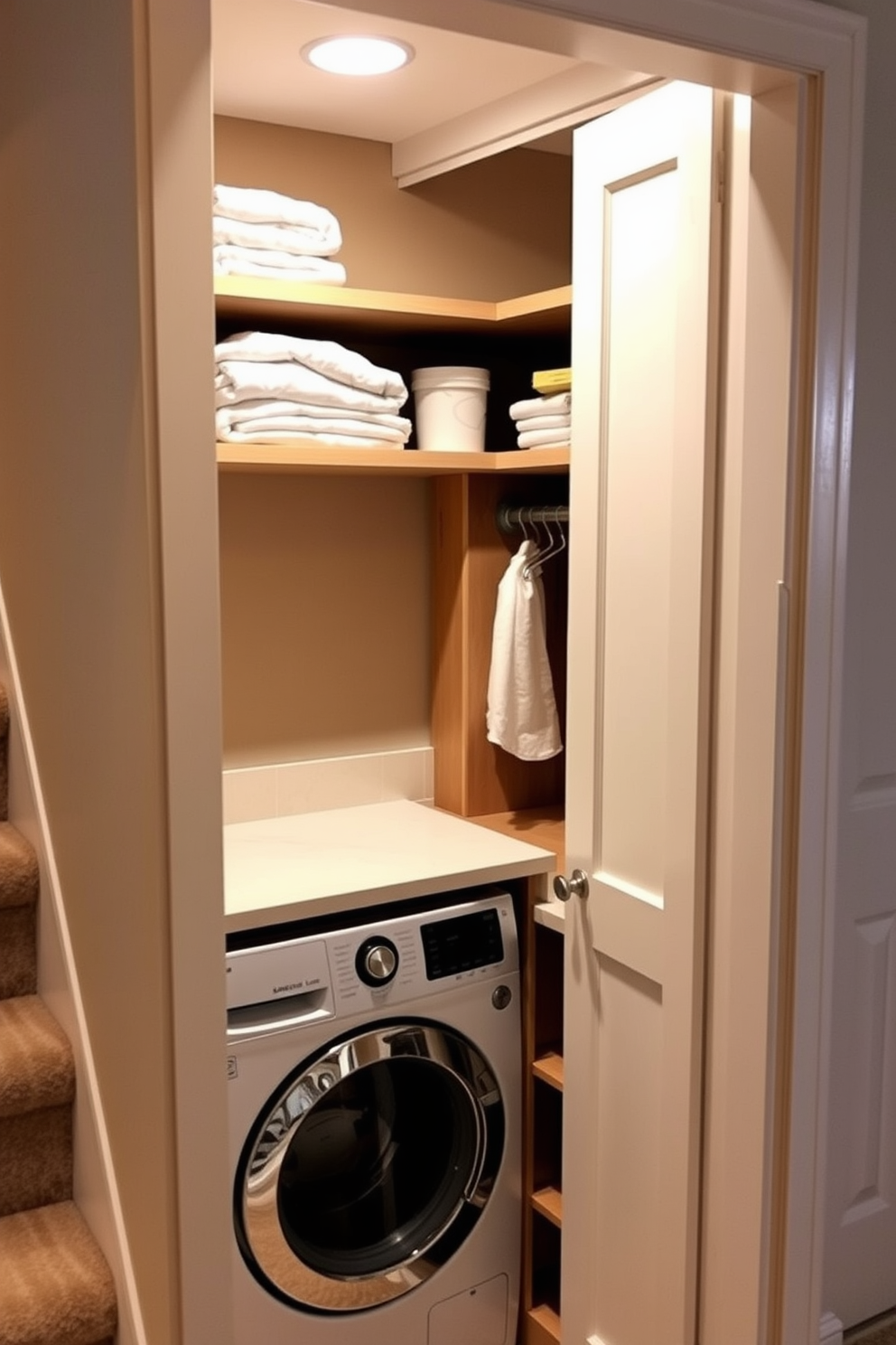 A hidden laundry area designed under the staircase features a compact folding station with a smooth countertop. The walls are painted in a soft beige tone, and open shelving above the station holds neatly folded towels and laundry supplies. The small closet utilizes the vertical space efficiently with built-in shelves and hanging rods for storage. A sliding door allows easy access while maintaining a clean and organized appearance.