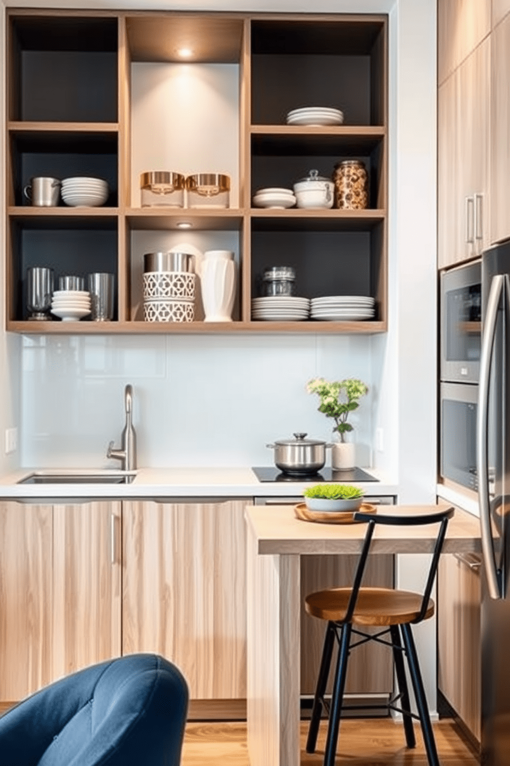 A modern small condo kitchen featuring open shelving for easy access storage. The shelves are filled with stylish dishware and decorative jars, creating a functional yet aesthetically pleasing display. The kitchen includes a compact island that doubles as a dining area. Sleek cabinetry in a light wood finish complements the bright, airy atmosphere of the space.