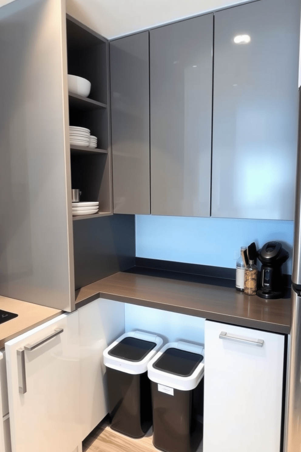 A small condo kitchen featuring hidden trash bins for a clean and organized look. The cabinetry is sleek and modern, with a minimalist design that maximizes space and functionality.