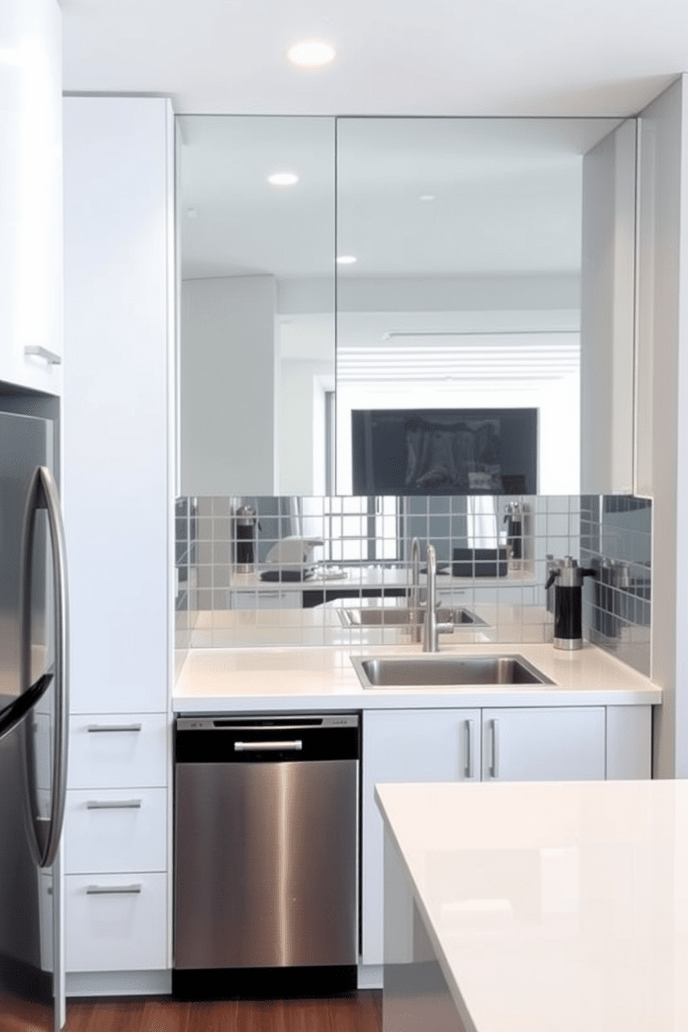 A small condo kitchen featuring a mirrored backsplash that reflects light and enhances the sense of space. The cabinetry is sleek with a modern finish, complemented by stainless steel appliances and a minimalist island for additional prep space.