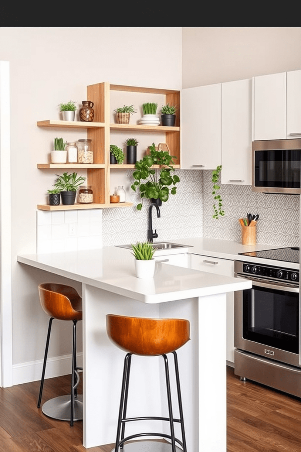 A modern small condo kitchen featuring corner shelves designed for maximizing unused spaces. The shelves are made of light wood and hold a variety of plants and decorative jars, adding a touch of greenery and personality to the room. The kitchen has sleek white cabinets and a compact island with bar stools for casual dining. A stylish backsplash in a geometric pattern complements the overall aesthetic, creating a functional yet inviting atmosphere.