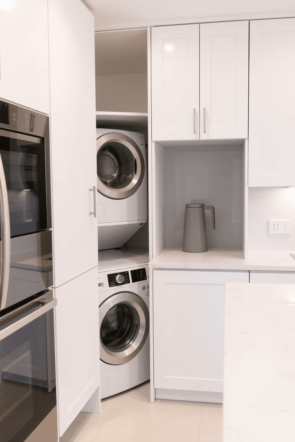 A modern kitchen design featuring a stacked washer dryer integrated into the cabinetry. The space is optimized for functionality with sleek white cabinets and a minimalist aesthetic, complemented by a light gray backsplash and quartz countertops.