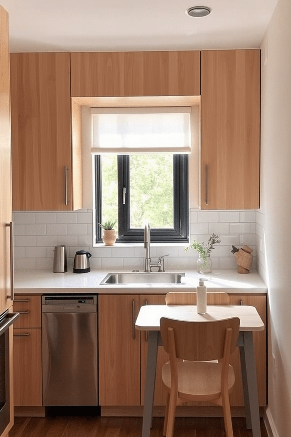 A cozy small condo kitchen featuring light wood tones for warmth. The cabinetry is crafted from pale oak, complemented by a white quartz countertop and a stylish backsplash of subway tiles. Natural light floods the space through a large window above the sink, enhancing the inviting atmosphere. A small dining table with light wood chairs is positioned near the entrance, creating a functional yet charming dining area.