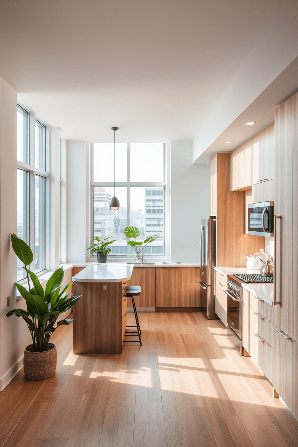 A modern small condo kitchen with an open floor plan that promotes flow and connectivity. The kitchen features sleek cabinetry in a light wood finish and a spacious island with bar seating for casual dining. Large windows allow natural light to flood the space, highlighting the minimalist decor and vibrant green plants. Stainless steel appliances are seamlessly integrated, providing functionality without compromising style.