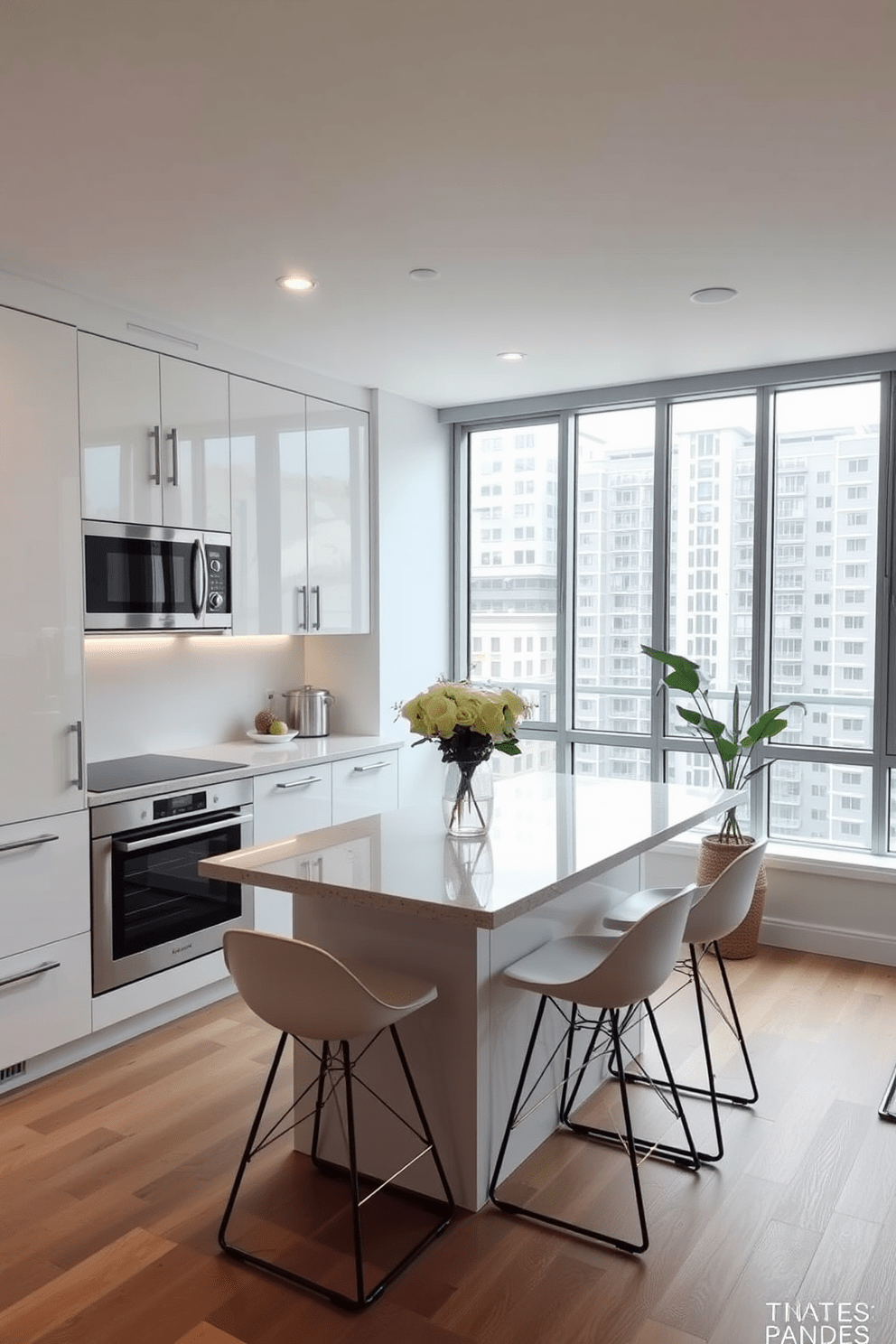 A small condo kitchen featuring integrated appliances for a seamless look. The cabinetry is a sleek white with minimalist handles, creating a clean and modern aesthetic. The kitchen island doubles as a dining area with stylish bar stools tucked underneath. Large windows allow natural light to flood the space, enhancing the airy feel of the design.