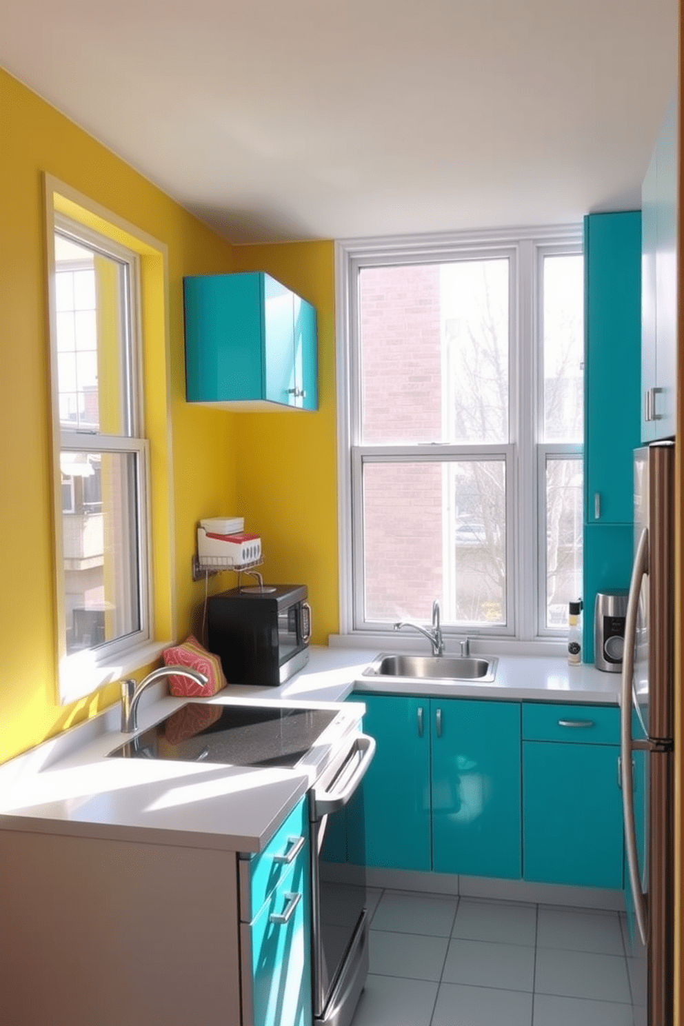 A small condo kitchen filled with bright colors that enhance natural light. The walls are painted in a cheerful yellow, and the cabinets are a vibrant turquoise, creating a lively atmosphere. Large windows allow ample sunlight to flood the space, illuminating the white countertops and stainless steel appliances. A cozy breakfast nook with colorful cushions adds a welcoming touch to the compact layout.