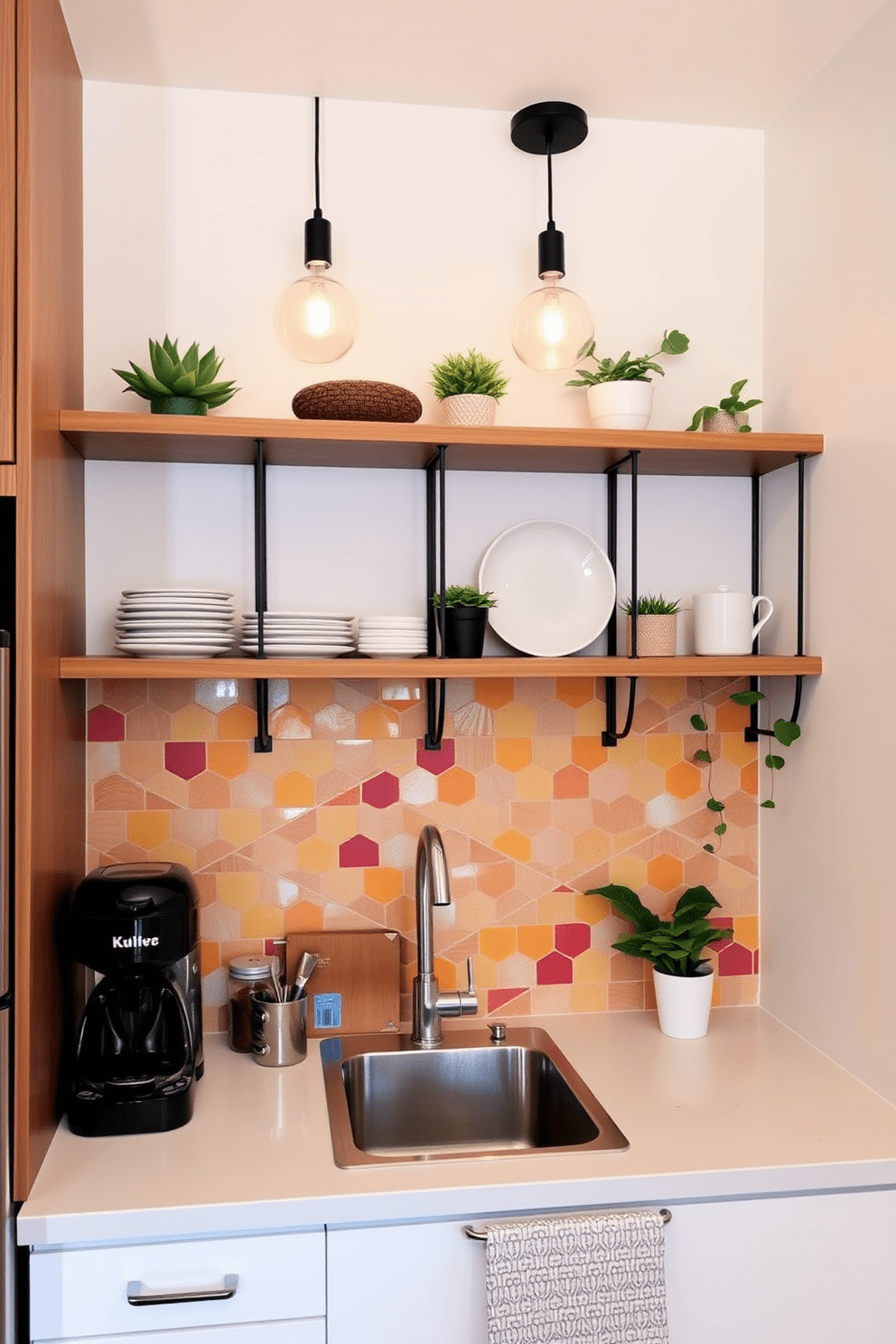 A small condo kitchen features creative wall space utilization with open shelving displaying stylish dishware and plants. Above the countertop, a vibrant backsplash adds color and personality, while hanging pendant lights provide both illumination and a modern touch.