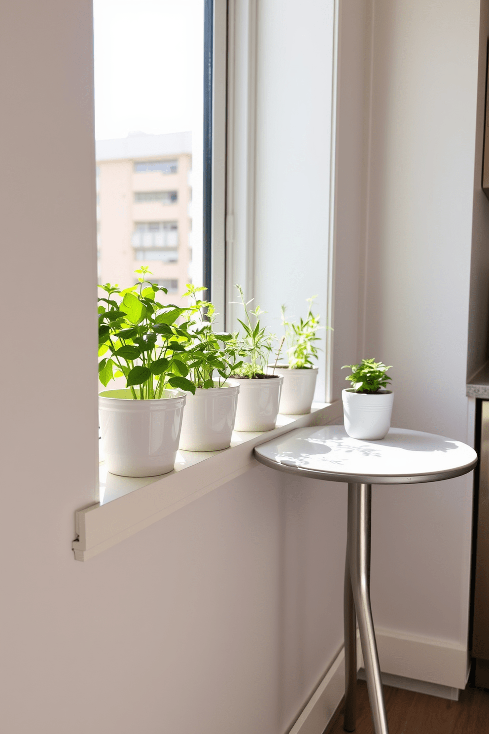 A charming small herb garden sits on the window sill, featuring pots of basil, rosemary, and thyme basking in the sunlight. The vibrant greens of the herbs contrast beautifully with the white ceramic pots, creating a fresh and inviting atmosphere. The small condo kitchen design is modern and efficient, with sleek cabinetry and stainless steel appliances. A compact dining table is nestled against the wall, maximizing space while providing a cozy spot for meals.