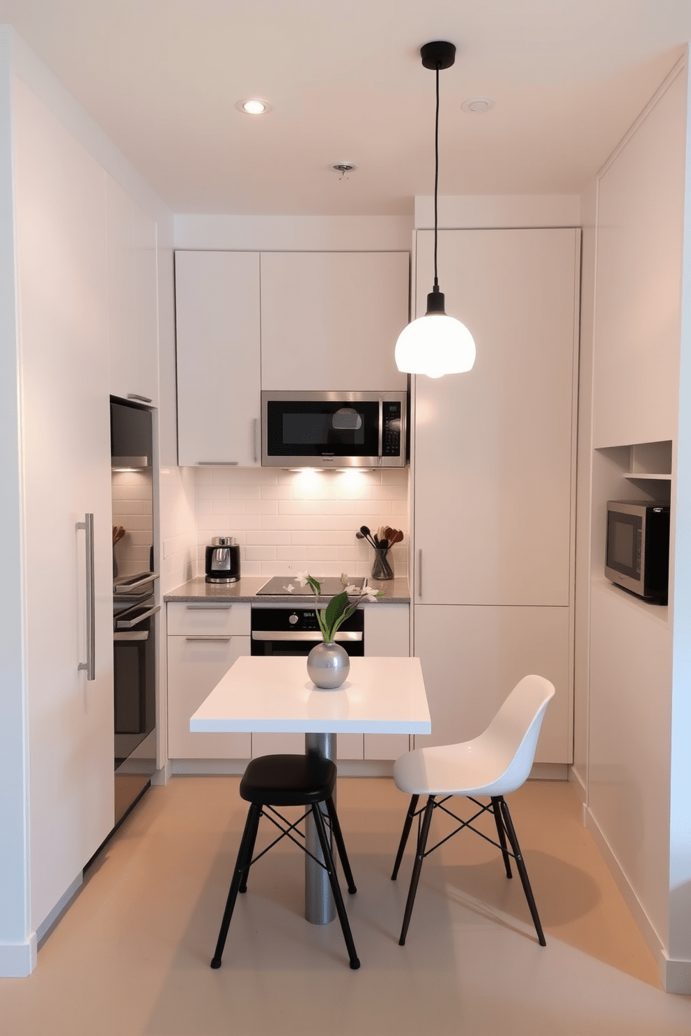 A small condo kitchen featuring bright pendant lights as focal points. The space is designed with modern cabinetry in a sleek finish and a compact island that doubles as a dining area.