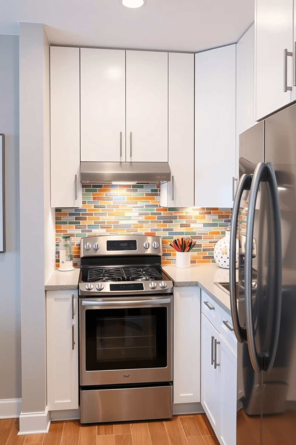 A small condo kitchen features colorful backsplash tiles that add visual interest and vibrancy to the space. The cabinetry is sleek and modern, complemented by stainless steel appliances and warm wood accents.