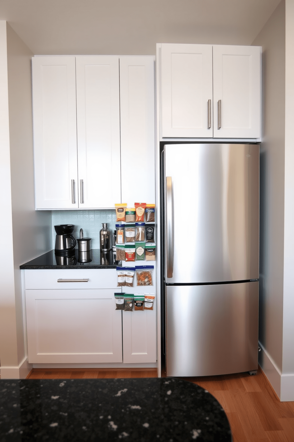 A stylish small condo kitchen featuring magnetic spice jars attached to a sleek refrigerator. The cabinetry is a modern white with brushed nickel handles, and the countertops are a dark granite that contrasts beautifully with the light wood flooring.