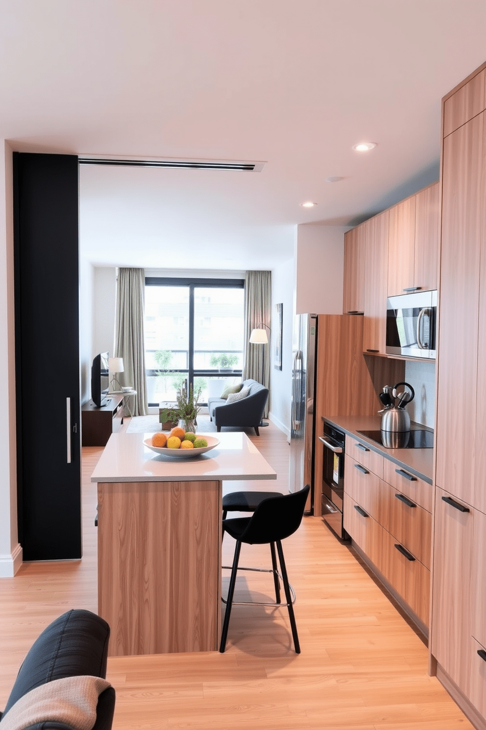 A modern small condo kitchen featuring sliding doors that seamlessly open to the living area. The kitchen includes sleek cabinetry in a light wood finish, a compact island with bar seating, and stainless steel appliances for a contemporary look.