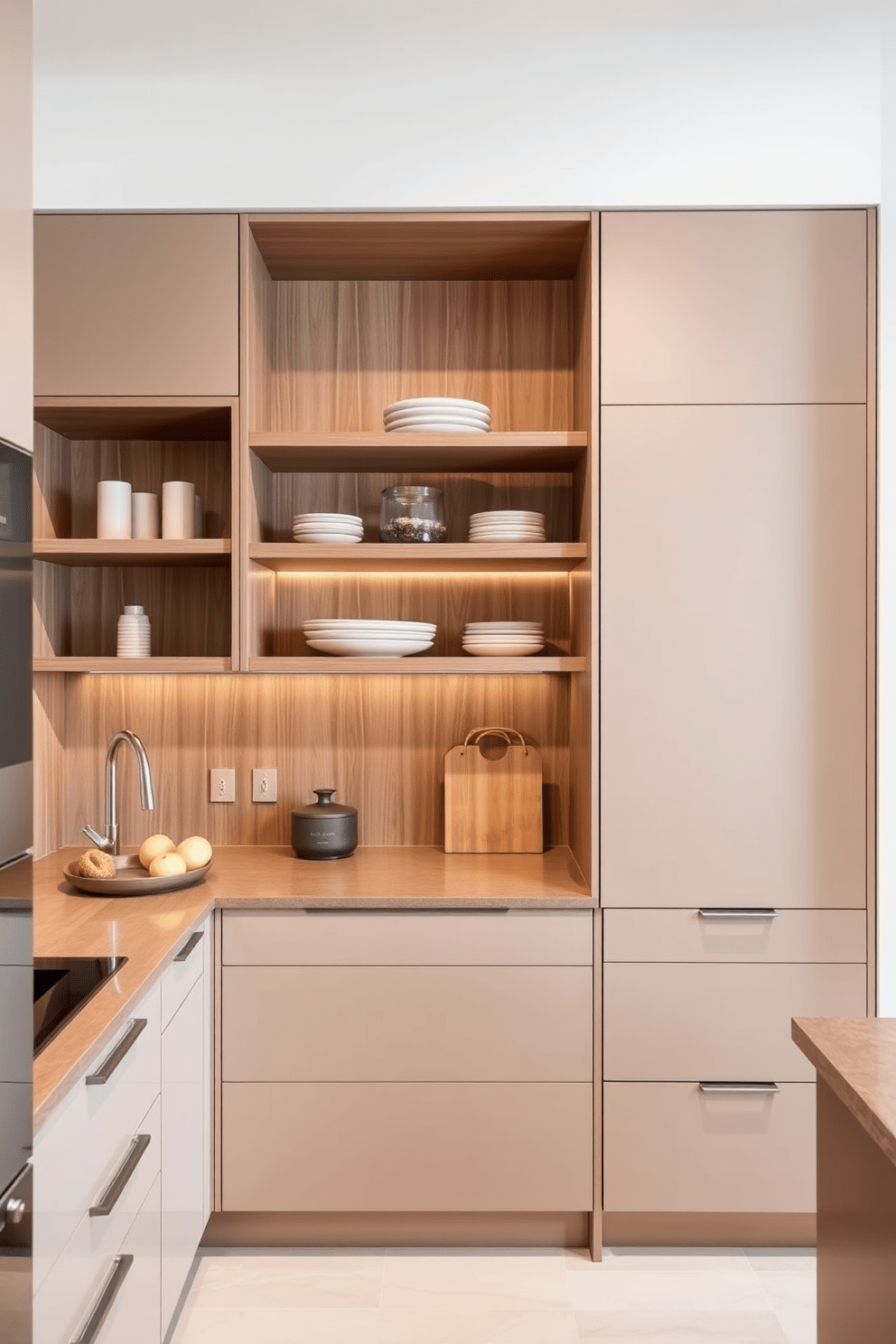 Custom cabinetry designed to maximize space in a small condo kitchen. The cabinetry features sleek lines and a mix of open shelves and closed storage, creating a functional yet stylish layout.