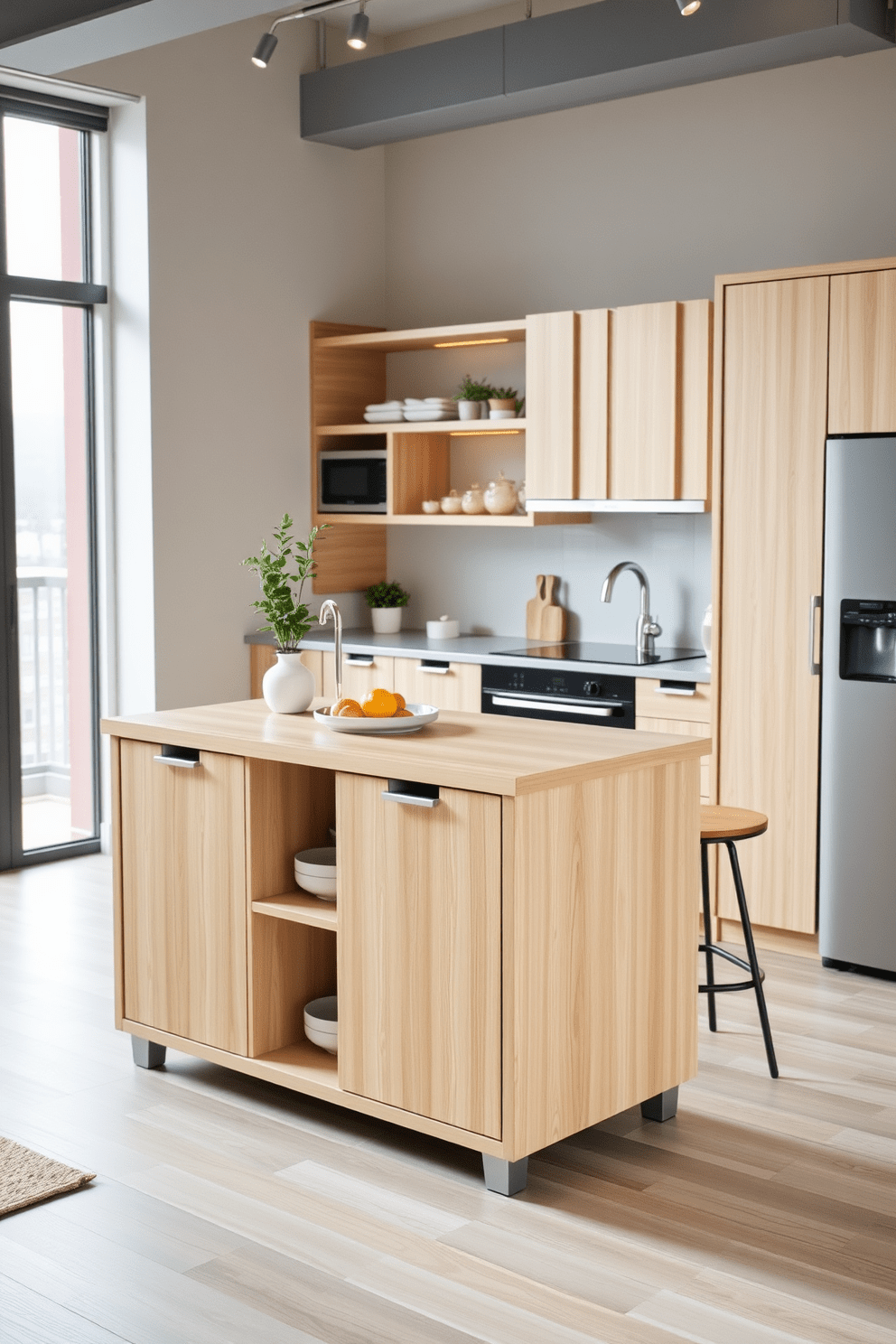 A portable kitchen island with a sleek design sits at the center of a small condo kitchen. It features a light wood finish with ample storage space and bar stools on one side for casual dining. The kitchen layout maximizes space with open shelving and modern appliances integrated into the cabinetry. Soft natural light filters in through a large window, creating an inviting atmosphere for cooking and entertaining.