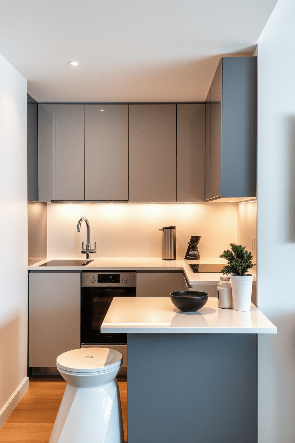 A small condo kitchen features sleek, compact appliances that maximize space efficiency. The design includes a minimalist layout with a multifunctional island that serves as both a cooking area and dining space. The cabinetry is streamlined with a glossy finish, creating an illusion of openness. Soft, ambient lighting highlights the modern fixtures and the subtle color palette of whites and grays.