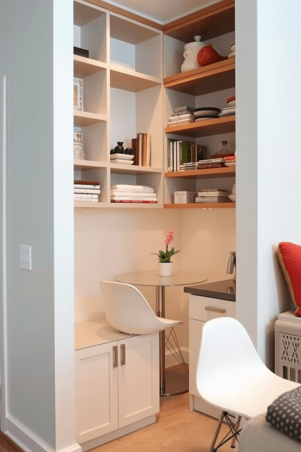 A small condo kitchen that maximizes every corner with custom-built shelves. The layout features a compact dining area with a round table and stylish chairs, and the cabinetry is painted in a light, airy color to enhance the sense of space.