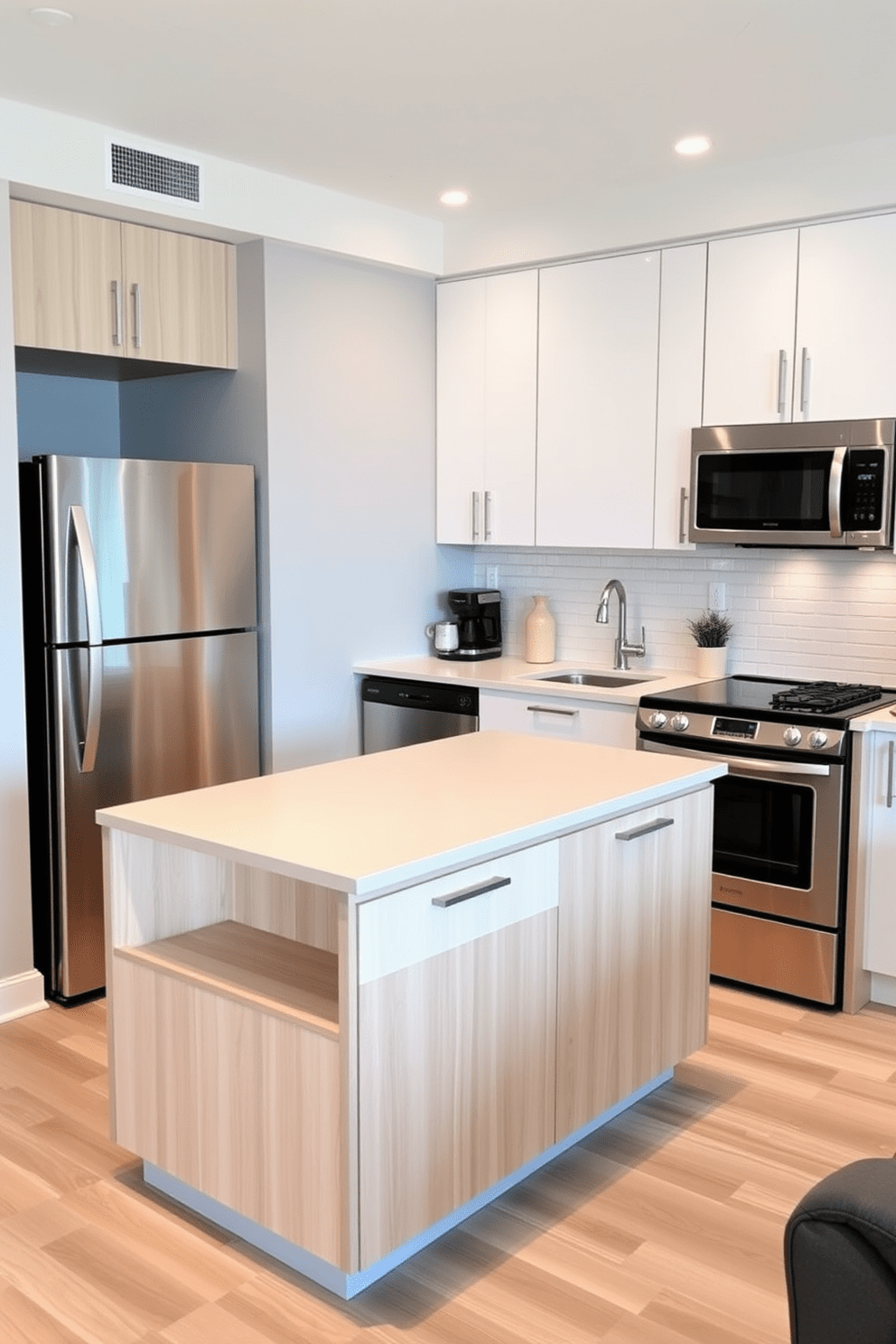 A multi-functional kitchen island serves as the centerpiece of a small condo kitchen. It features a sleek surface with integrated storage and seating on one side, allowing for casual dining and socializing. The cabinetry is designed in a modern style with a mix of light wood and white finishes. The walls are painted in a soft gray, complementing the stainless steel appliances and enhancing the spacious feel of the compact area.