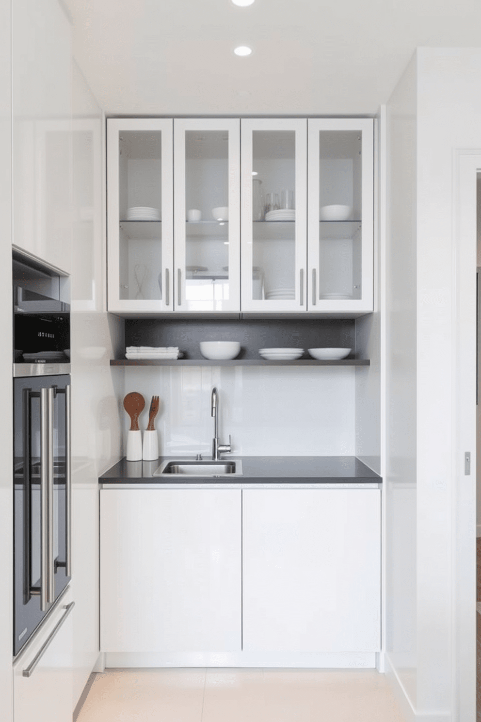 A small condo kitchen featuring glass cabinet doors that enhance visual openness. The space is designed with a sleek modern aesthetic, incorporating a minimalist color palette of white and gray.