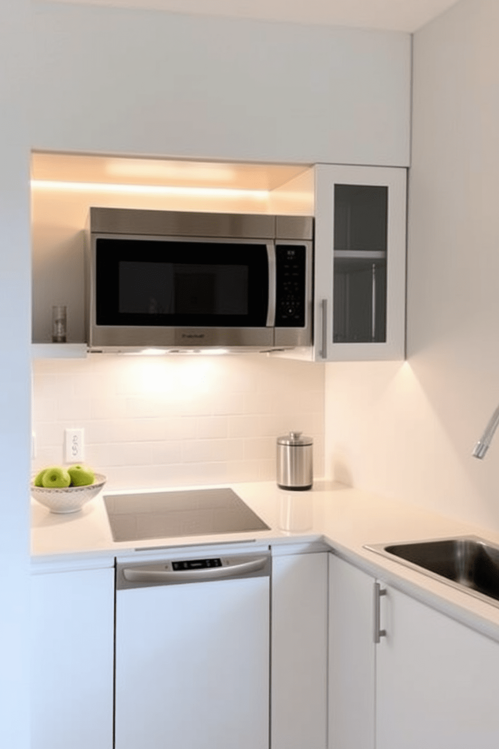 A cozy small condo kitchen features under-cabinet lighting casting a warm glow across the countertops. The design includes sleek cabinetry in a soft white finish paired with a modern backsplash in subtle gray tones.