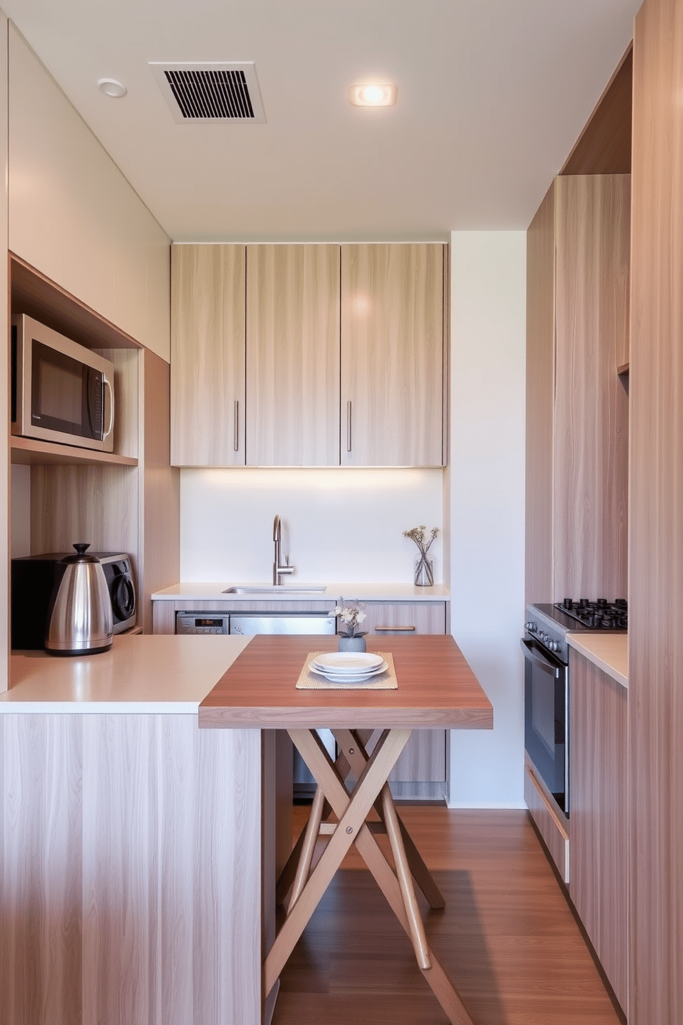 A modern small condo kitchen featuring a foldable dining table that maximizes space and versatility. The kitchen has sleek cabinetry in a light wood finish, complemented by stainless steel appliances and a minimalist backsplash.