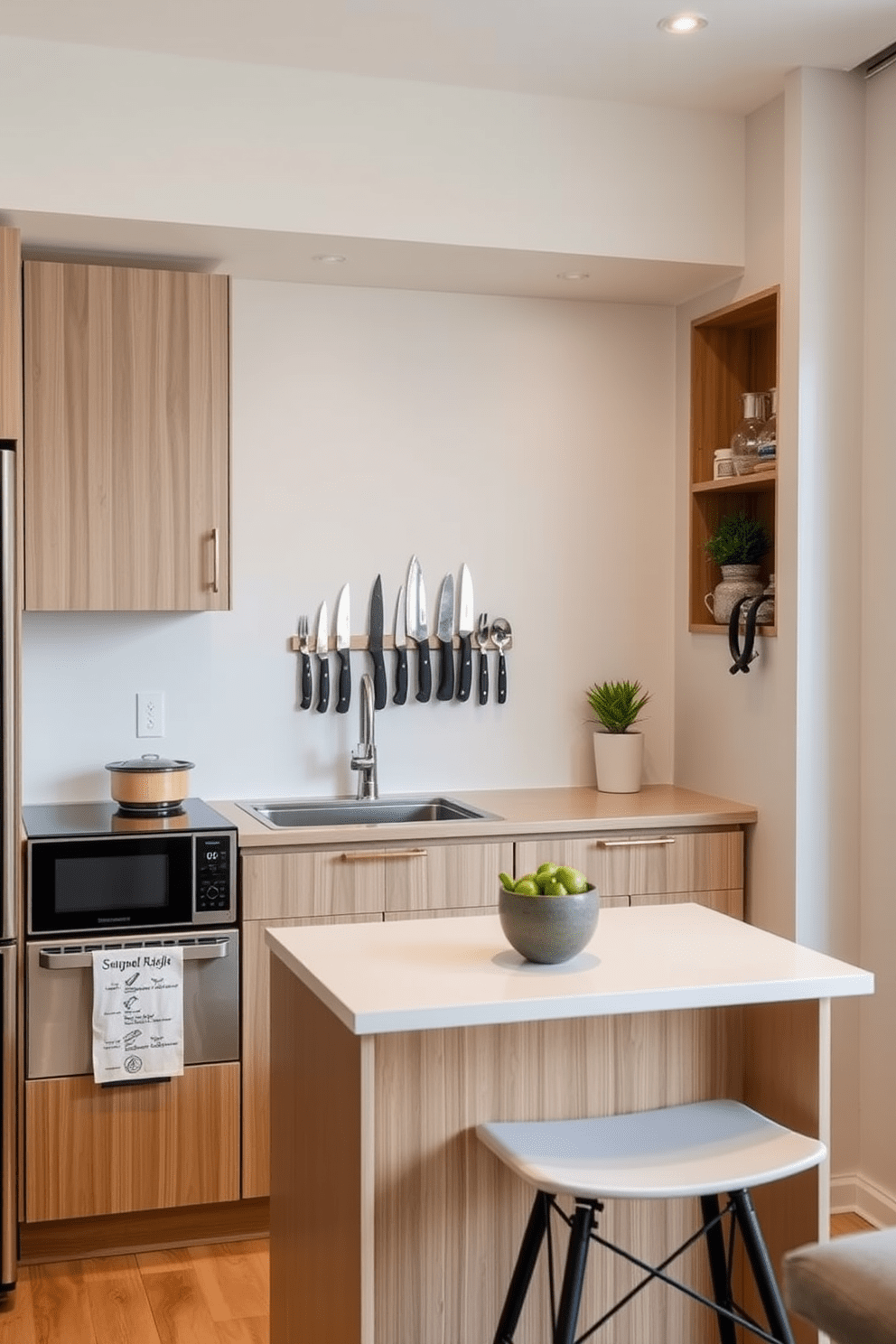 A modern small condo kitchen featuring a magnetic knife strip mounted on the wall for efficient storage. The kitchen has sleek cabinetry in a light wood finish, with a compact island that doubles as a dining area.