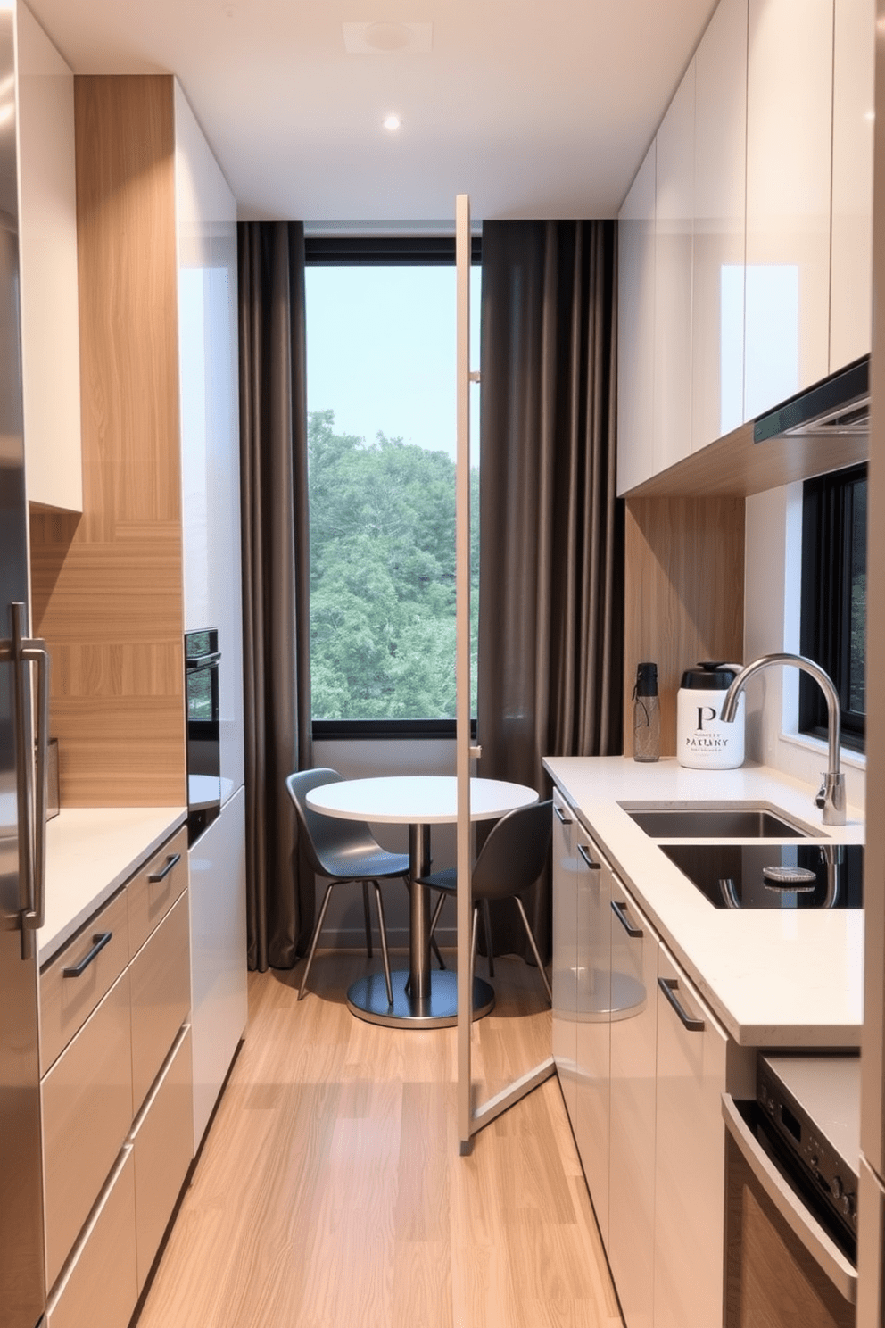 A compact kitchen featuring a pull-out pantry that optimizes storage space. The cabinetry is sleek and modern, with a combination of light wood and white finishes. The countertops are made of a durable quartz material, providing ample workspace. A small dining area with a round table and two chairs is situated near the window, enhancing the functionality of the space.