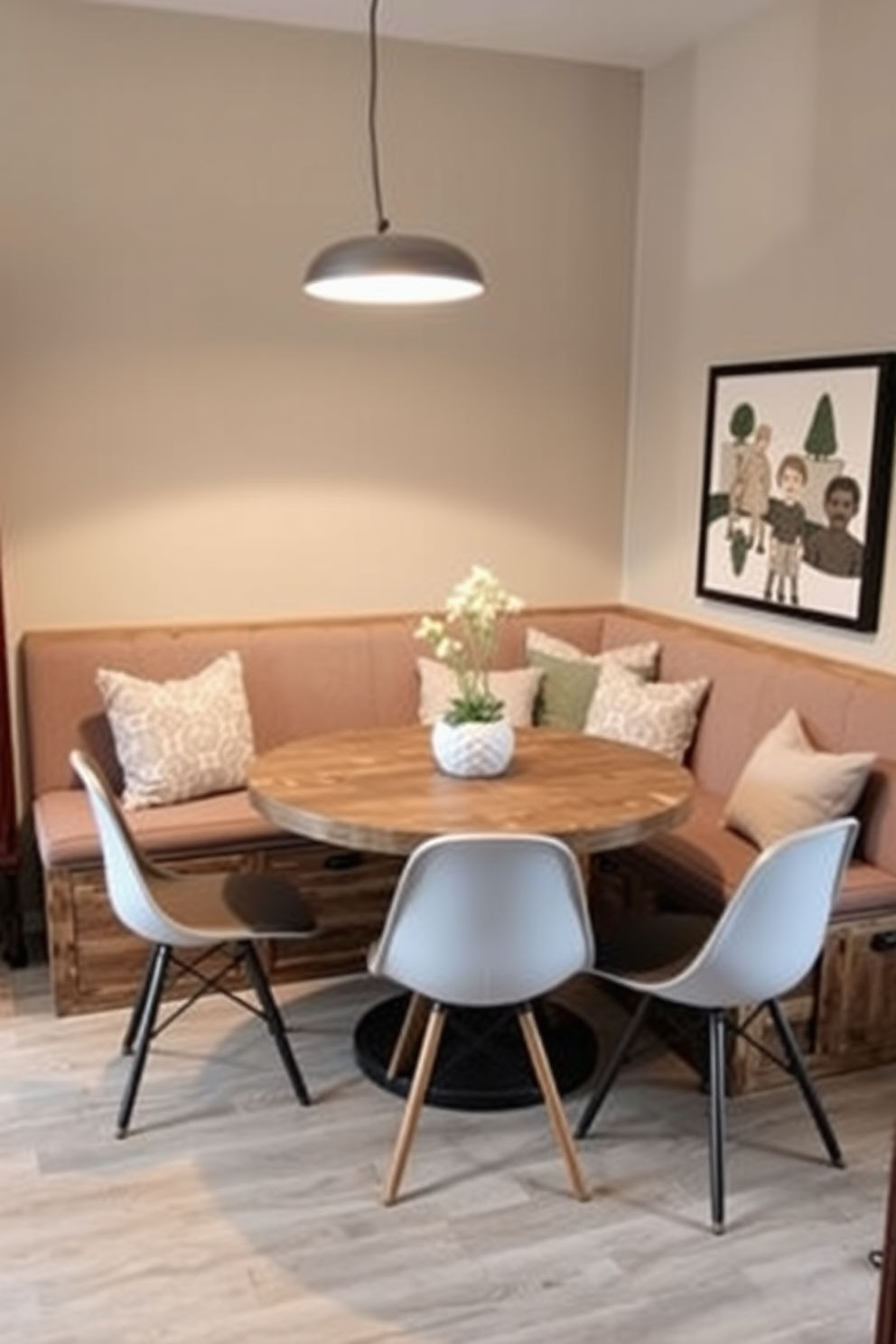 Cozy banquette seating with plush cushions is positioned against a wall, providing a warm and inviting atmosphere. Beneath the seating, there are spacious storage compartments, perfect for stowing away dining essentials and adding functionality to the small dining room. The table is round and made of reclaimed wood, surrounded by stylish chairs that complement the banquette. Soft lighting from a pendant fixture above creates an intimate dining experience, enhancing the overall charm of the space.