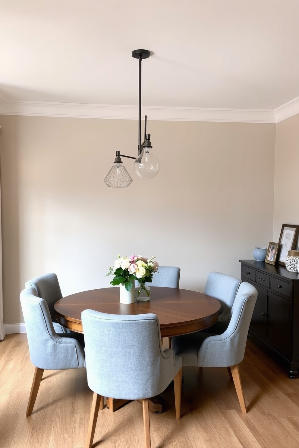 A cozy dining room featuring a round wooden table surrounded by upholstered chairs in soft gray. Above the table, stylish pendant lights hang, casting a warm glow over the space. The walls are painted in a light beige, creating a serene backdrop for the room. A small sideboard against one wall displays decorative items and a vase of fresh flowers.