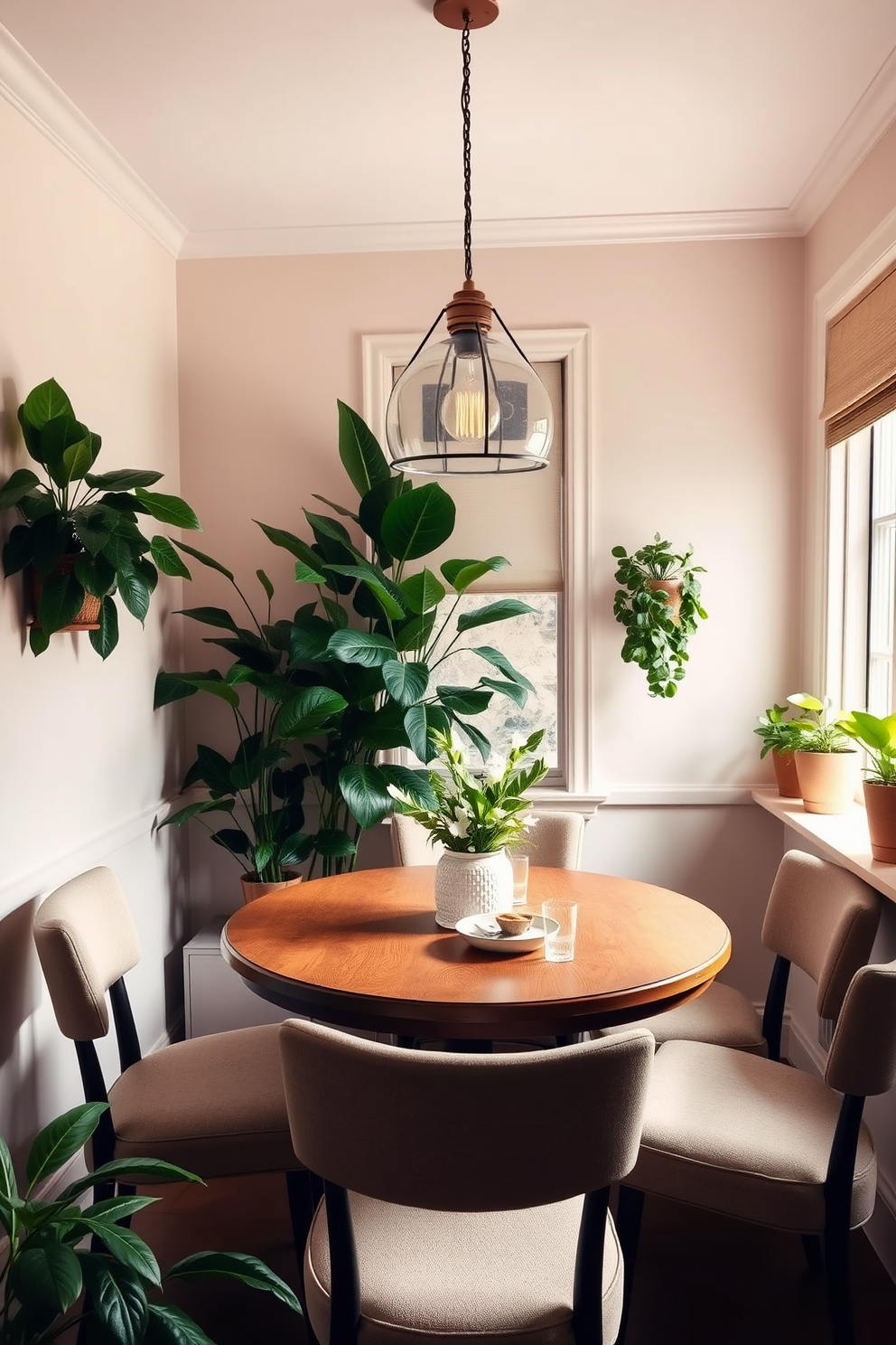 A cozy small dining room featuring a round wooden table surrounded by upholstered chairs. Lush green plants are placed in the corners and on the windowsill, adding a fresh and vibrant touch to the space. The walls are painted in a soft pastel color, creating a warm and inviting atmosphere. A statement light fixture hangs above the table, providing both style and illumination for intimate gatherings.