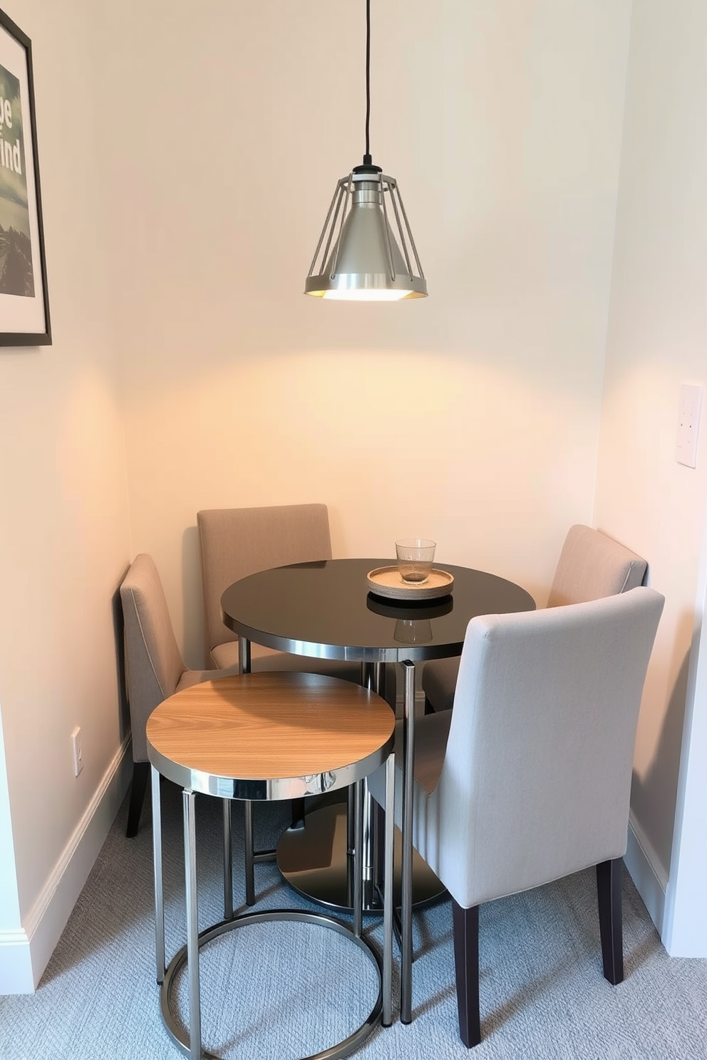 Nesting tables are arranged in a cozy corner of the small dining room, providing versatile surface area for drinks and snacks. The tables feature a mix of materials, with a sleek metal frame and a warm wooden top, adding a modern yet inviting touch. The dining area is illuminated by a stylish pendant light hanging above a round table, creating an intimate atmosphere. Surrounding the table are upholstered chairs in soft, neutral tones, enhancing comfort and elegance in the space.