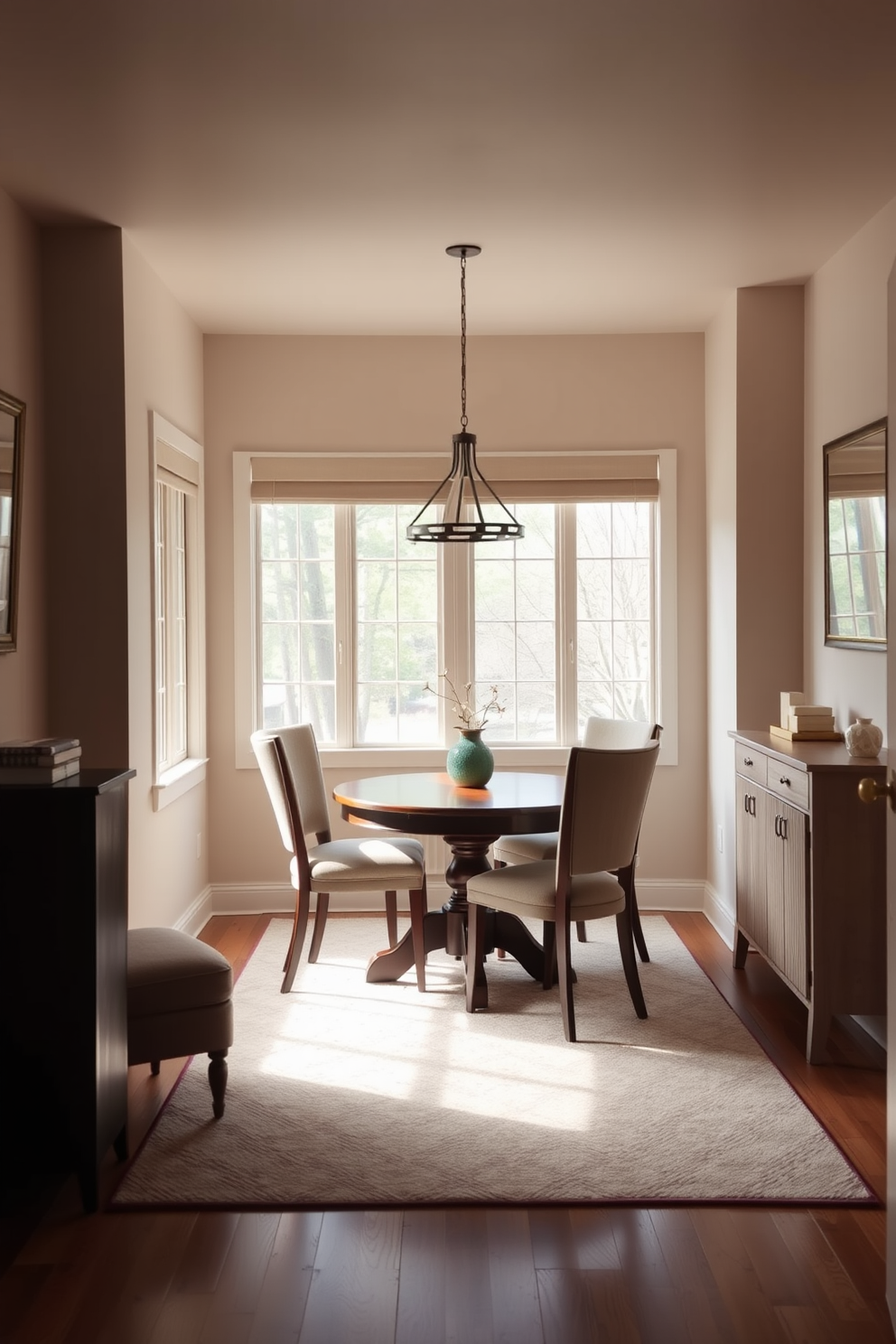 A cozy small dining room featuring a round wooden table surrounded by upholstered chairs. The space is defined by a soft area rug that complements the color scheme of the room. Large windows allow natural light to flood in, enhancing the warm atmosphere. A stylish pendant light hangs above the table, creating an inviting focal point for gatherings.