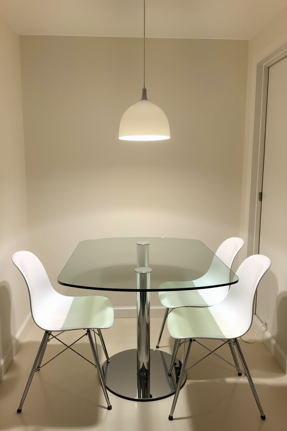 A small dining room features a glass table that reflects light and creates an illusion of a larger space. Surrounding the table are four sleek chairs with minimalist design, enhancing the airy feel of the room. The walls are painted in a soft pastel color, adding warmth while maintaining brightness. A small pendant light hangs above the table, providing a focal point and a cozy atmosphere for dining.