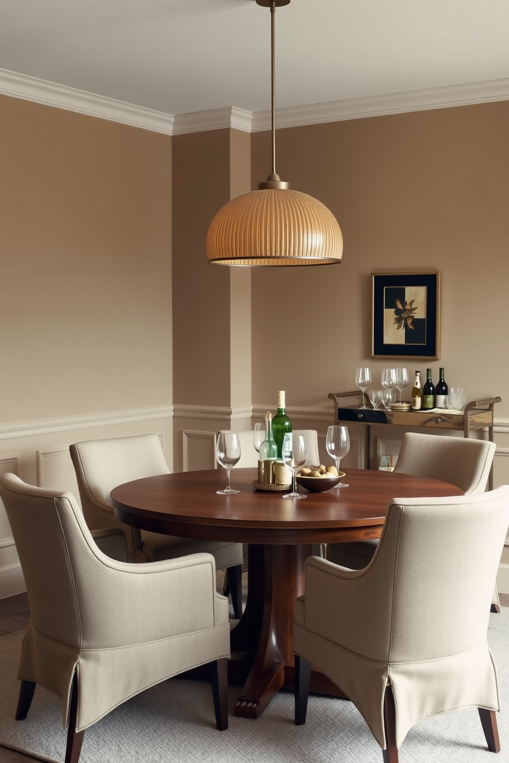 A cozy dining room features a round wooden table surrounded by upholstered chairs in a soft neutral fabric. A small bar cart with a sleek design is positioned nearby, stocked with glassware and a selection of drinks for entertaining guests. The walls are painted in a warm beige tone, enhancing the inviting atmosphere of the space. A statement pendant light hangs above the table, casting a warm glow that complements the overall design.