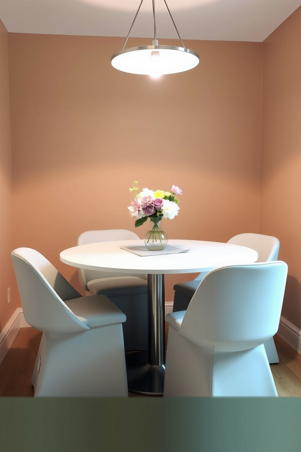 A small dining room featuring a sleek round table surrounded by upholstered chairs in a soft pastel hue. The table is elegantly set with a textured table runner, complemented by a centerpiece of fresh flowers in a minimalist vase. The walls are painted in a warm neutral tone, enhancing the cozy atmosphere of the space. A stylish pendant light hangs above the table, casting a warm glow and creating an inviting dining experience.