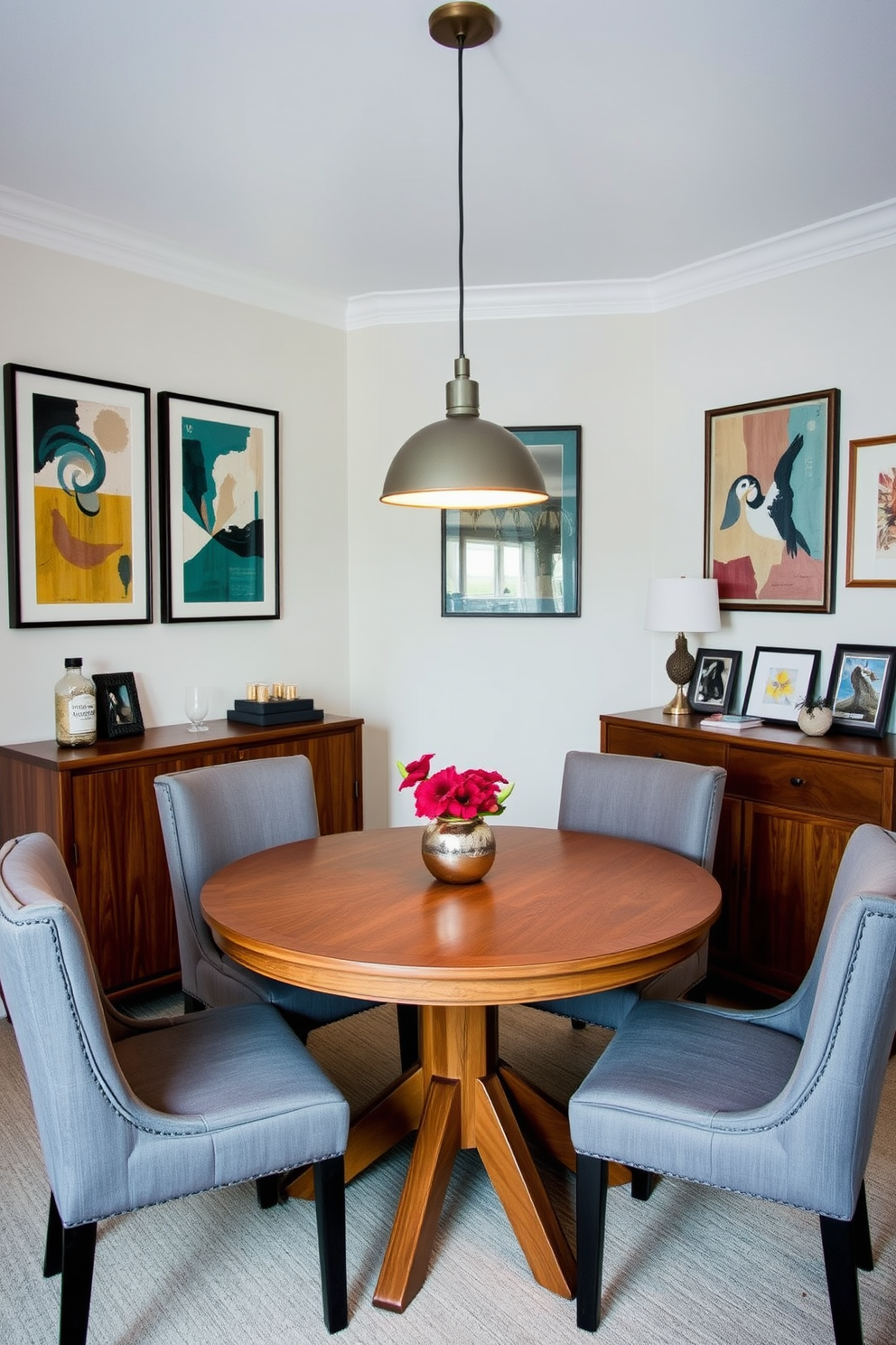 A small dining room featuring a round wooden table surrounded by upholstered chairs in a soft gray fabric. On the walls, there are framed abstract artworks that add color and personality to the space, creating a cozy and inviting atmosphere. A stylish pendant light hangs above the table, casting a warm glow during evening meals. A sideboard against one wall displays decorative items and additional artwork, enhancing the room's charm and functionality.