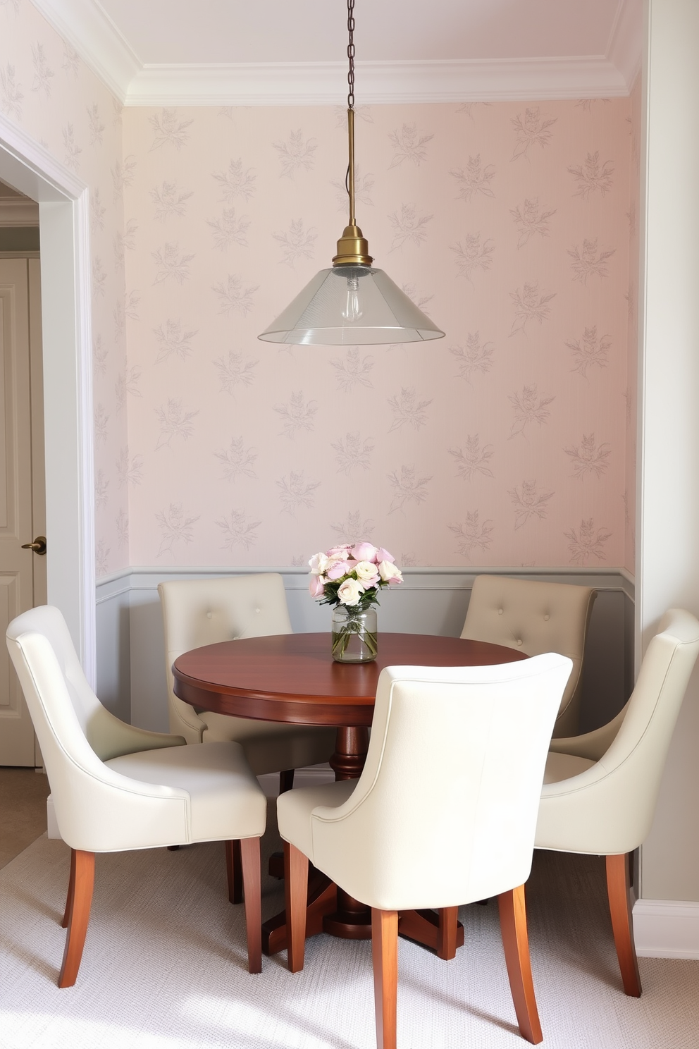 A cozy small dining room features a round wooden table surrounded by four upholstered chairs in soft pastel colors. The walls are adorned with subtle floral wallpaper, and a pendant light hangs elegantly above the table, creating a warm and inviting atmosphere.