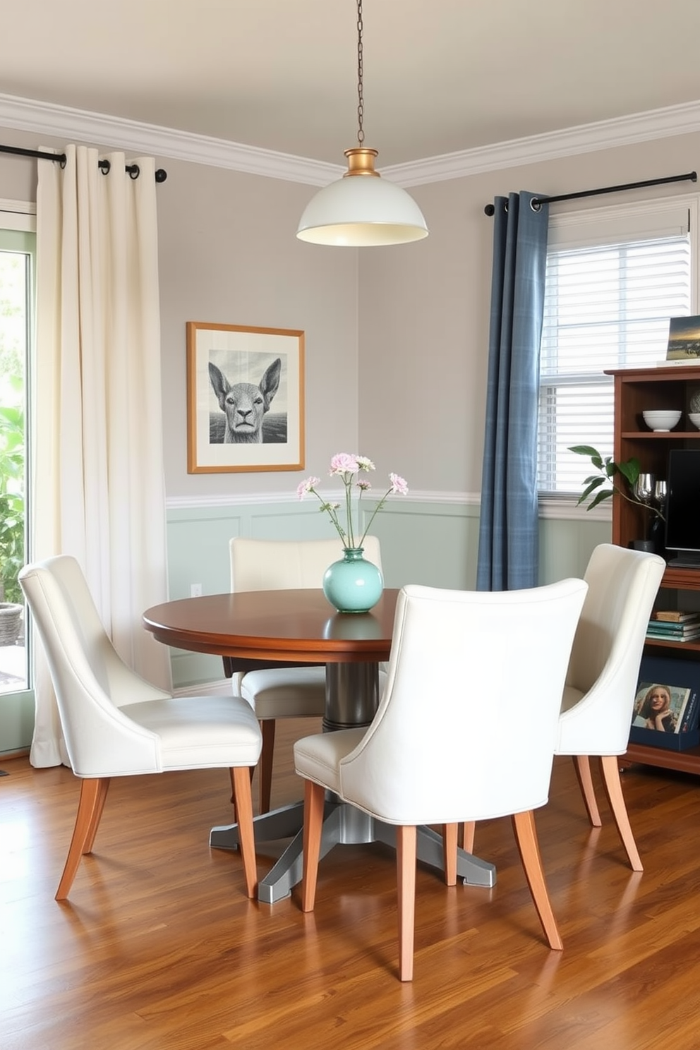 A cozy dining room featuring lightweight furniture that allows for easy rearranging. The space includes a round wooden table surrounded by four upholstered chairs in a soft pastel color, complemented by a charming pendant light overhead.