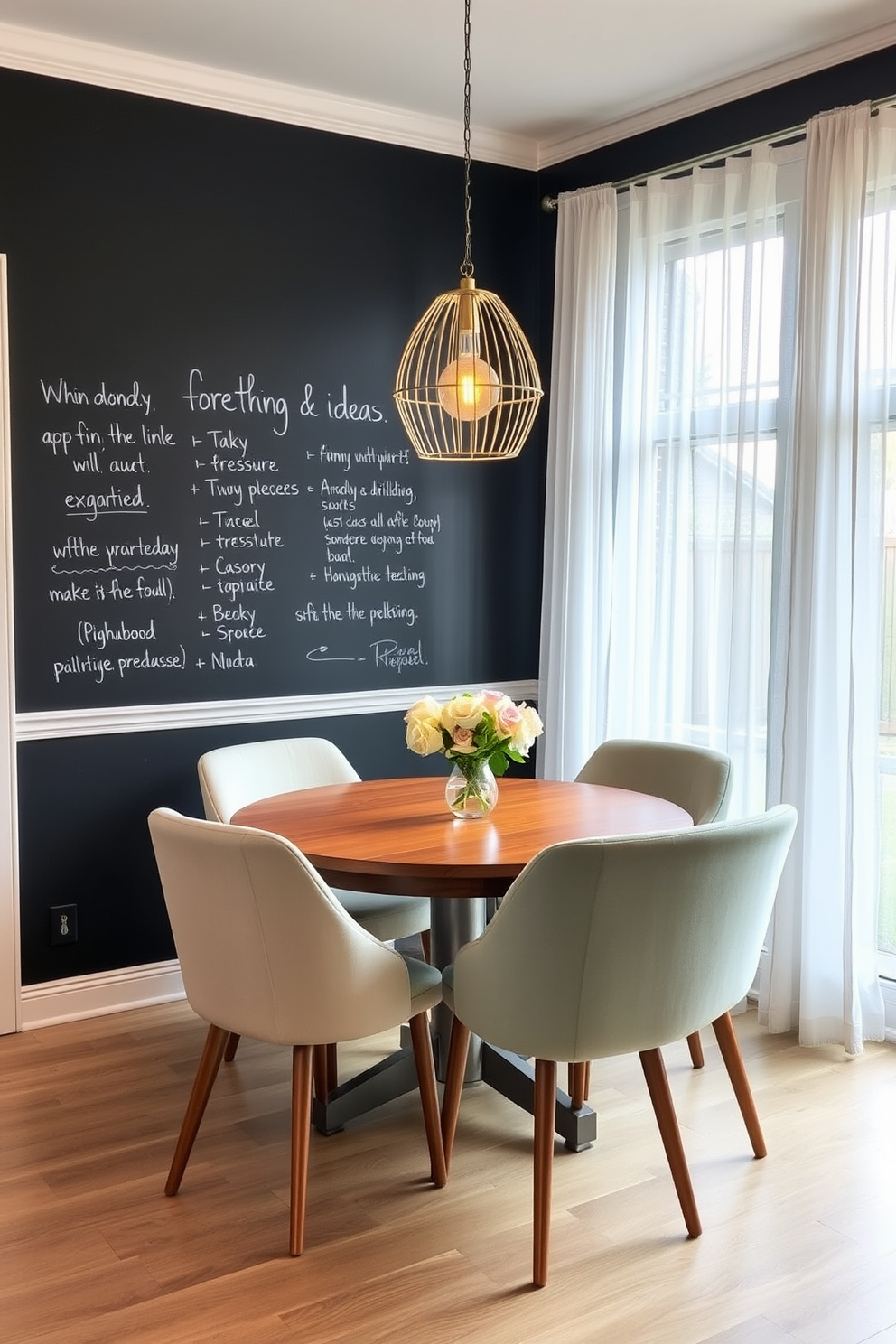 A cozy small dining room featuring a chalkboard wall for notes and creative ideas. The space includes a round wooden table surrounded by upholstered chairs in soft pastel colors, creating an inviting atmosphere. Natural light floods the room through a large window adorned with sheer curtains. A stylish pendant light hangs above the table, adding a touch of elegance to the design.