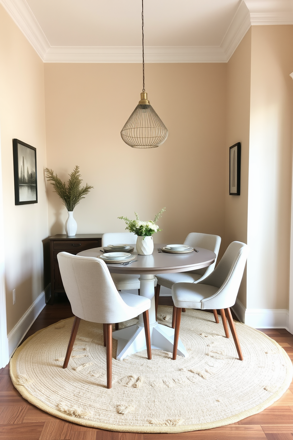 A cozy small dining room features a round rug that adds warmth and softness to the space. The dining table is surrounded by four upholstered chairs in a light fabric, creating an inviting atmosphere for meals. The walls are painted in a soft beige, enhancing the room's brightness and openness. A statement pendant light hangs above the table, providing both style and illumination for intimate gatherings.