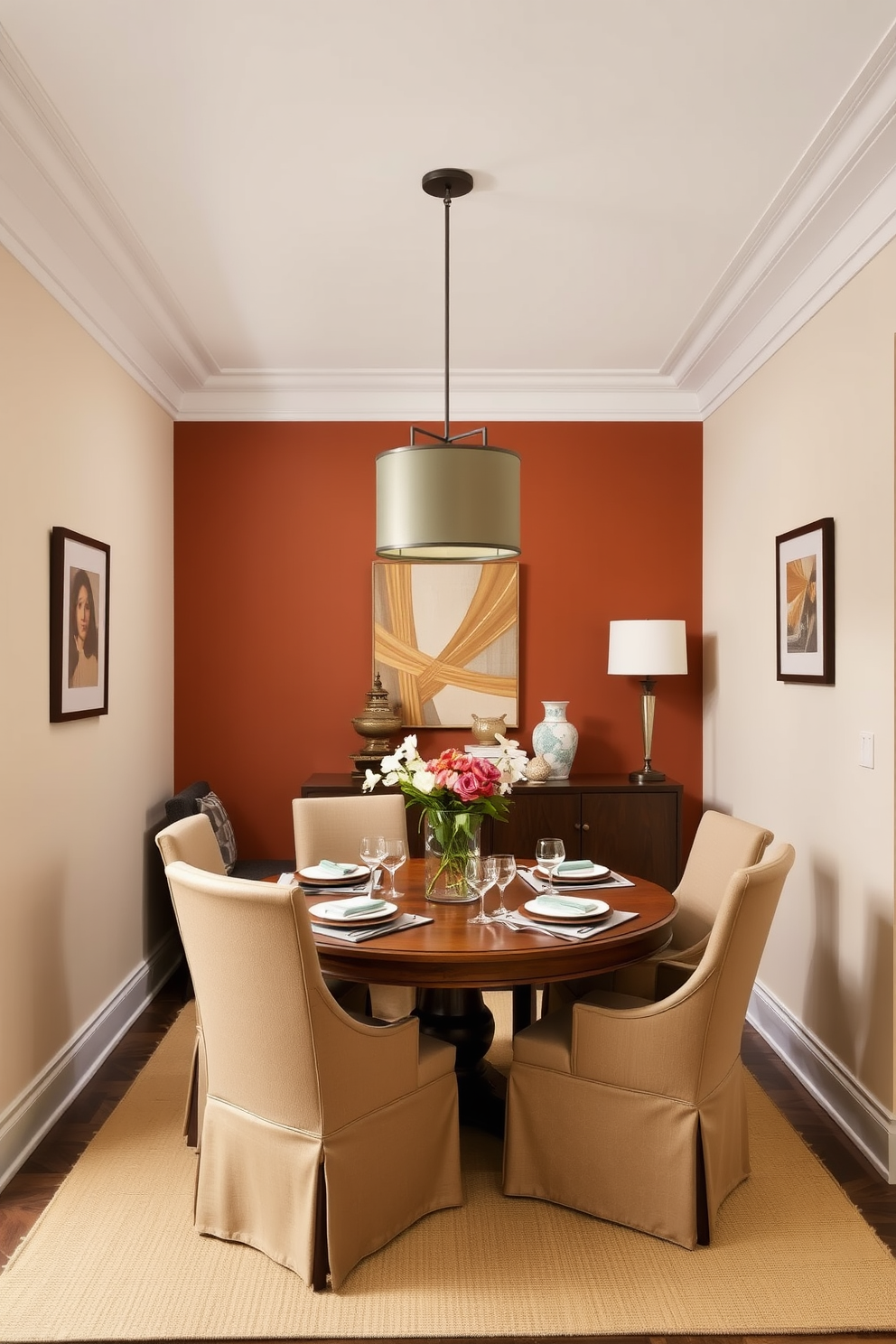 A small dining room with a cohesive color scheme featuring soft neutrals and warm earth tones. The dining table is a round wooden piece surrounded by upholstered chairs in a complementary fabric, creating an inviting atmosphere. The walls are painted in a light beige, while an accent wall showcases a deep terracotta hue. A statement pendant light hangs above the table, adding elegance and warmth to the space.