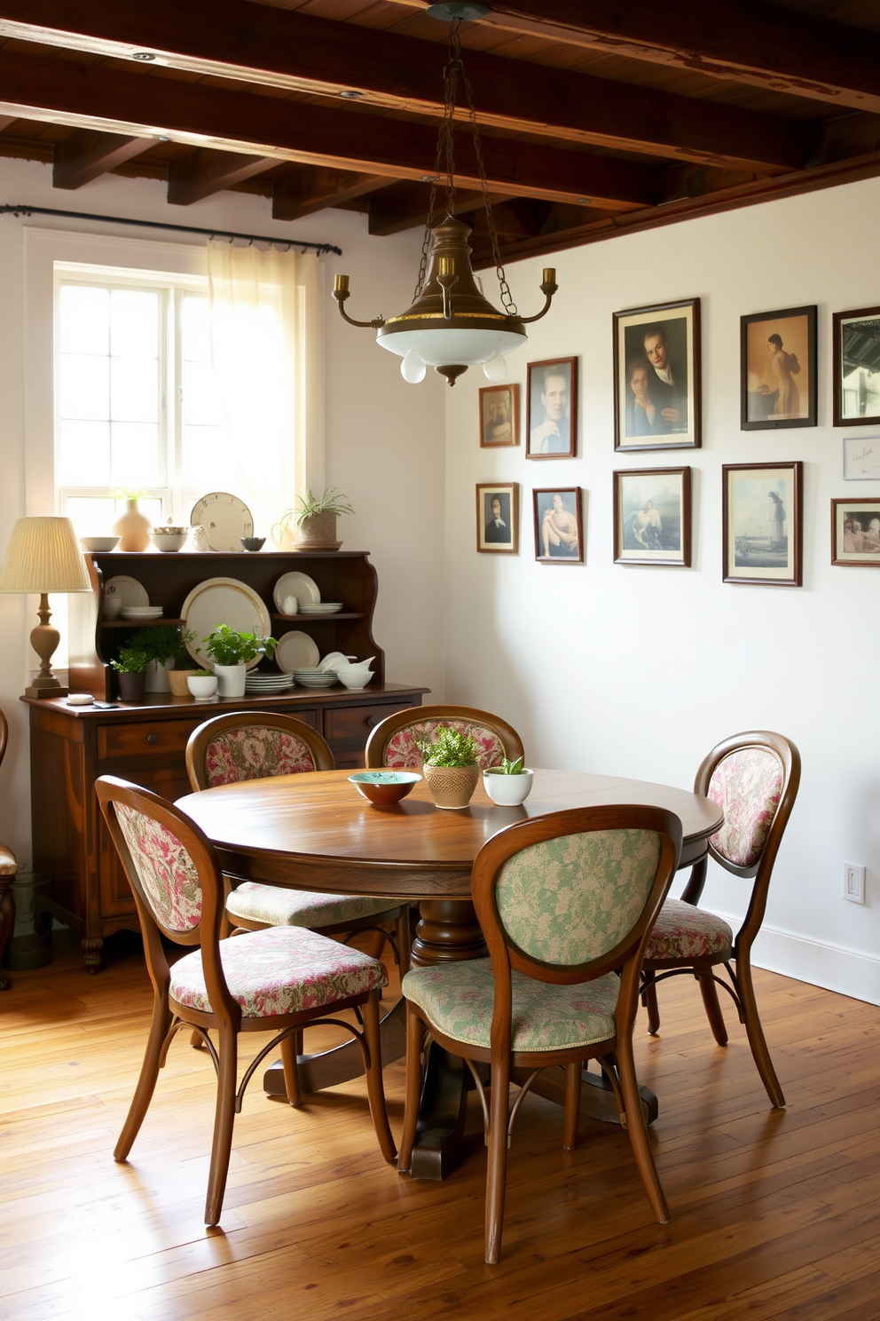 A cozy dining room featuring a round wooden table surrounded by mismatched vintage chairs that showcase unique upholstery patterns. A vintage sideboard against the wall displays an assortment of antique dishware and a small collection of potted plants for a touch of greenery. Soft, warm lighting emanates from a retro chandelier hanging above the table, casting a welcoming glow across the room. The walls are adorned with framed vintage artwork, adding personality and a sense of history to the space.