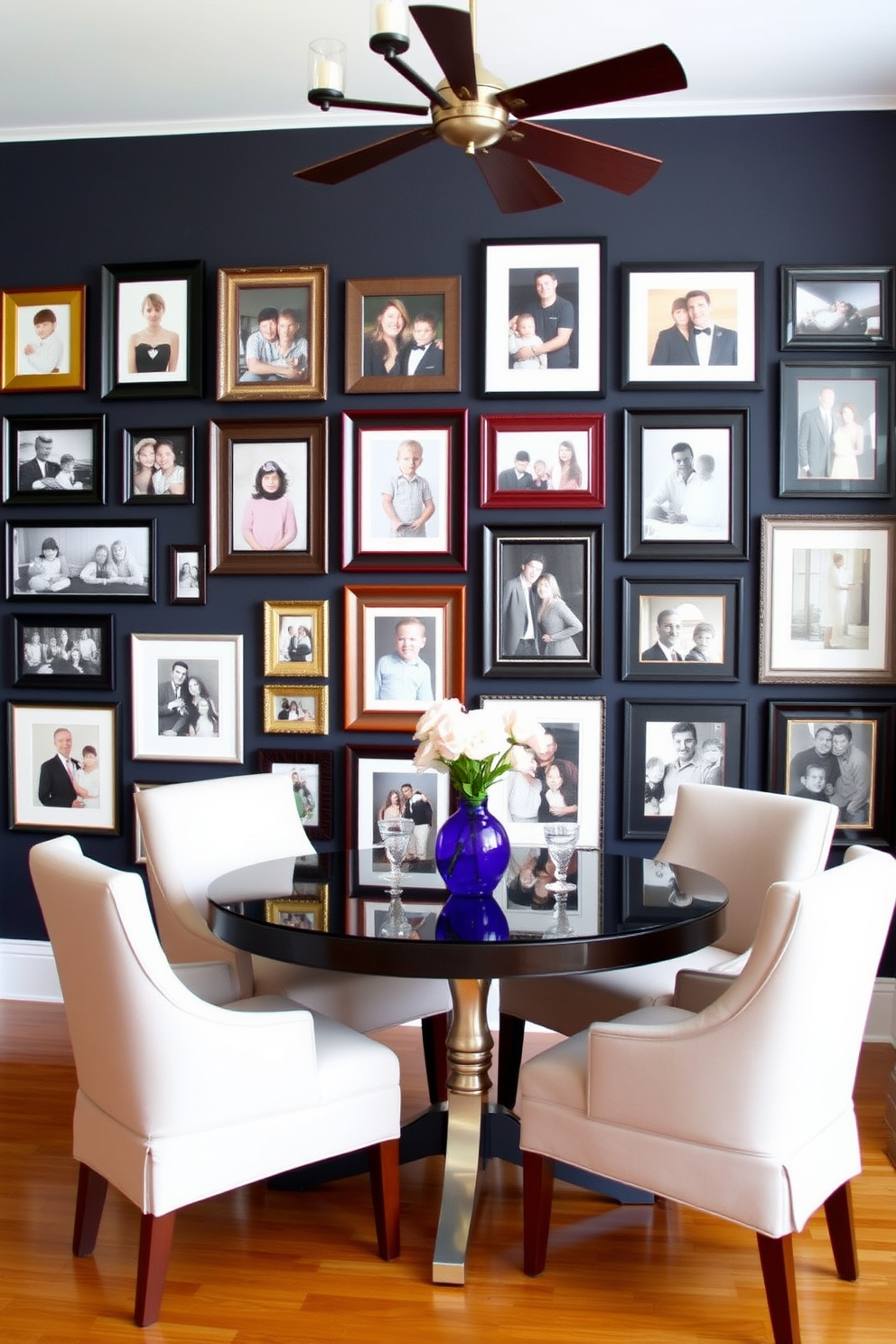 Create a gallery wall featuring an eclectic mix of family photos in various frame styles and sizes. Arrange the photos in a visually appealing layout that tells a story and adds a personal touch to the space. Design a small dining room that maximizes functionality and style. Incorporate a round table to create a cozy atmosphere, surrounded by upholstered chairs that provide comfort and elegance.