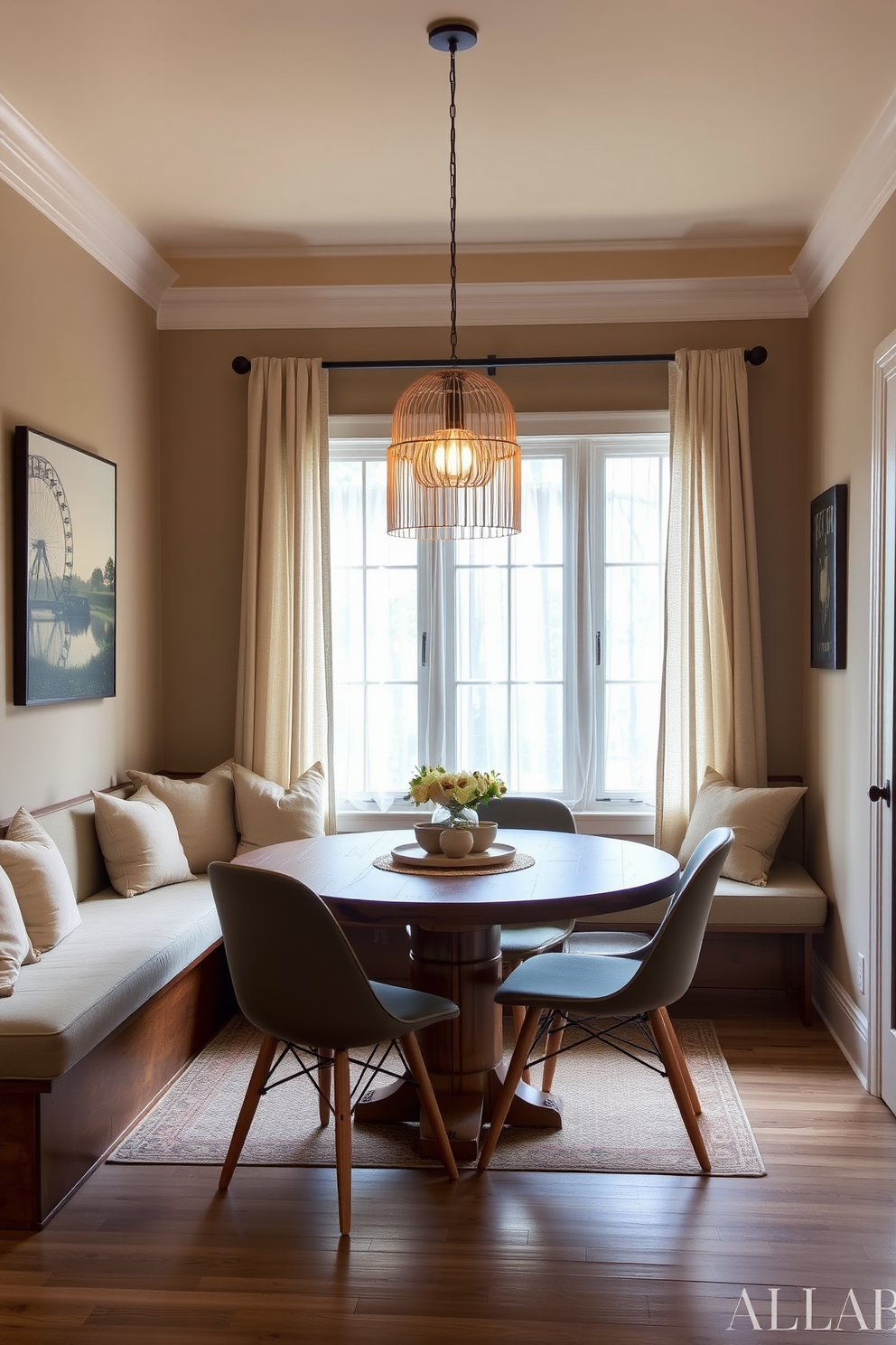 A cozy small dining room featuring built-in seating along one wall with plush cushions in a soft fabric. The table is round and made of reclaimed wood, surrounded by stylish chairs that complement the seating area. Natural light floods the space through a large window adorned with sheer curtains. The walls are painted in a warm neutral tone, and a statement pendant light hangs above the table, adding a touch of elegance.