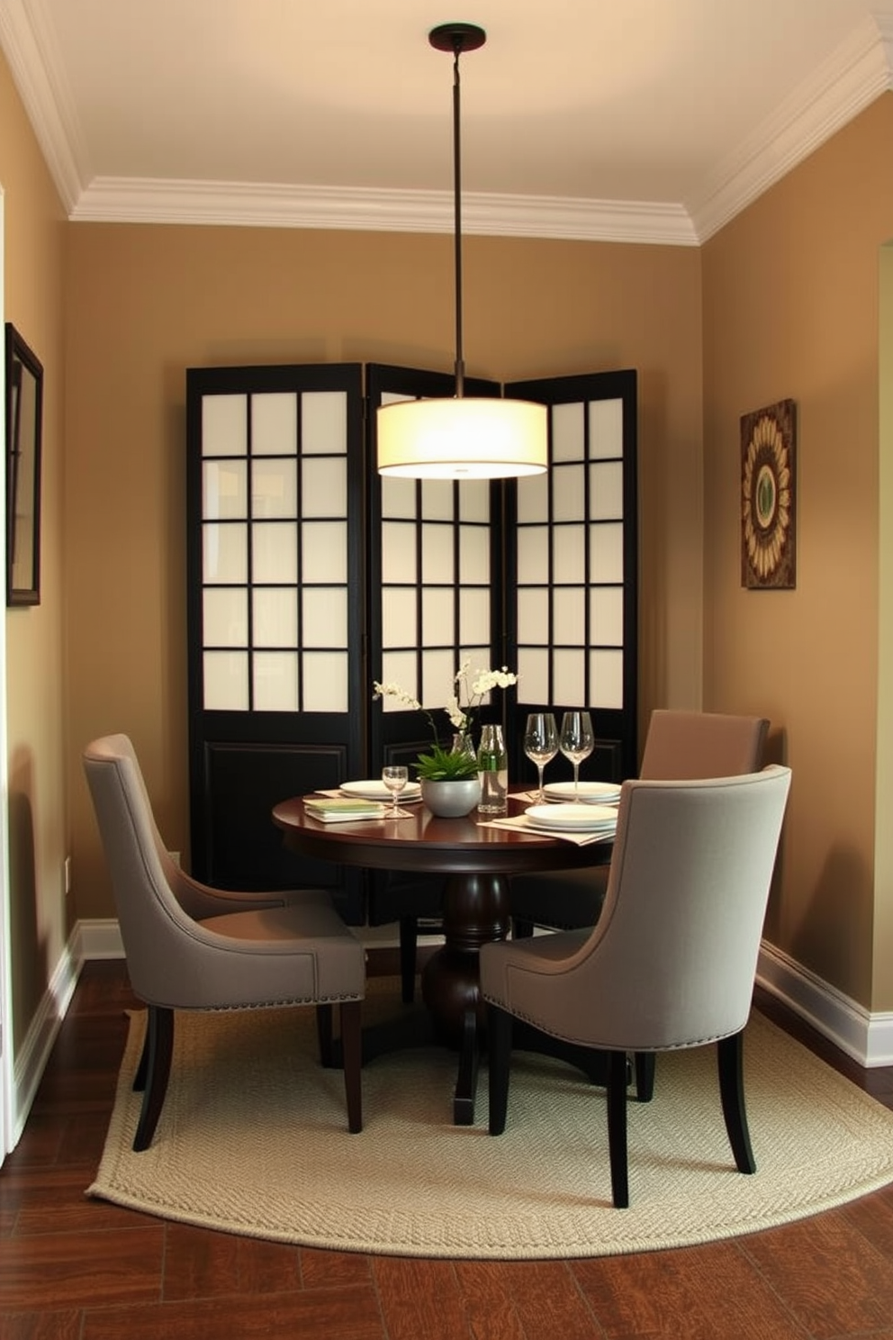 A cozy small dining room featuring a stylish folding screen that creates a sense of privacy and intimacy. The space includes a round wooden table surrounded by upholstered chairs, with soft lighting from a pendant light above. The walls are painted in a warm neutral tone, complemented by a textured area rug beneath the table. Decorative elements such as a small potted plant and elegant tableware add charm and personality to the setting.