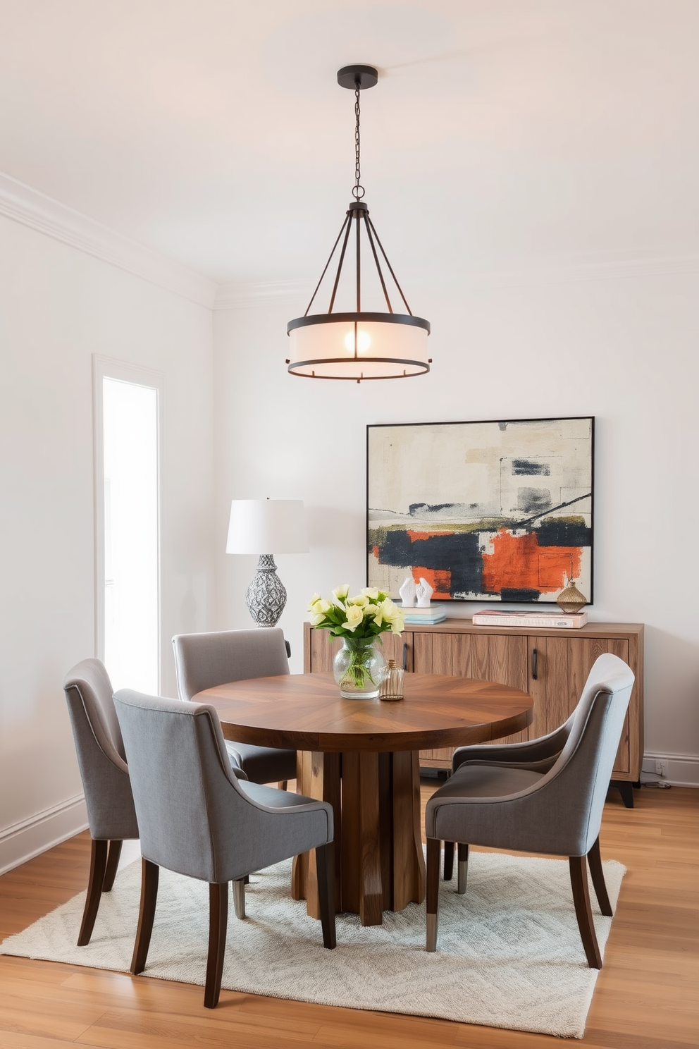 A small dining room featuring a statement light fixture as the focal point. The table is round and made of reclaimed wood, surrounded by upholstered chairs in a soft gray fabric. The walls are painted in a warm white tone, creating a bright and inviting atmosphere. A large piece of abstract art hangs above a sideboard, adding a splash of color to the space.