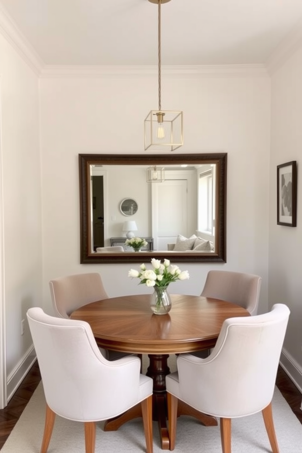 A cozy small dining room features a round wooden table surrounded by upholstered chairs in soft, neutral tones. A large wall mirror is hung opposite a window, reflecting light and creating an illusion of a larger space. The walls are painted in a light pastel color, enhancing the airy feel of the room. A stylish pendant light hangs above the table, adding warmth and a focal point to the space.