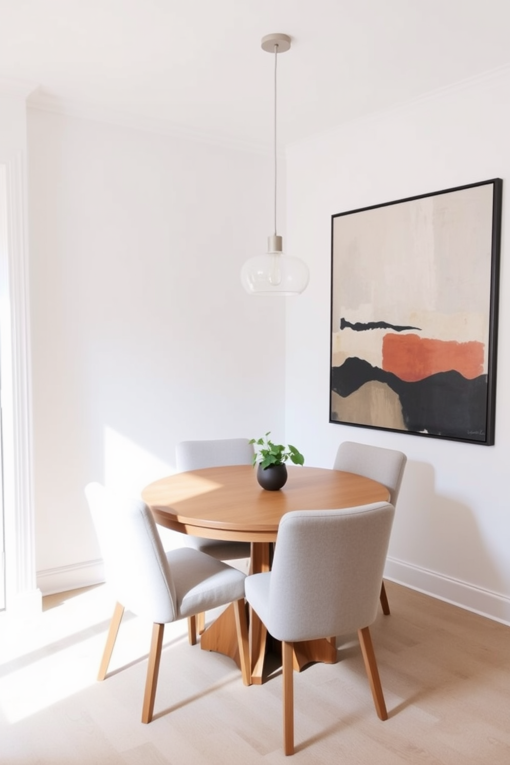 A small dining room featuring a round wooden table surrounded by four upholstered chairs in a neutral fabric. The walls are painted in a soft white, and a single pendant light hangs above the table, providing warm illumination. A large piece of abstract art adorns one wall, adding a splash of color without overwhelming the space. A small potted plant sits in the corner, bringing a touch of greenery to the minimal decor.