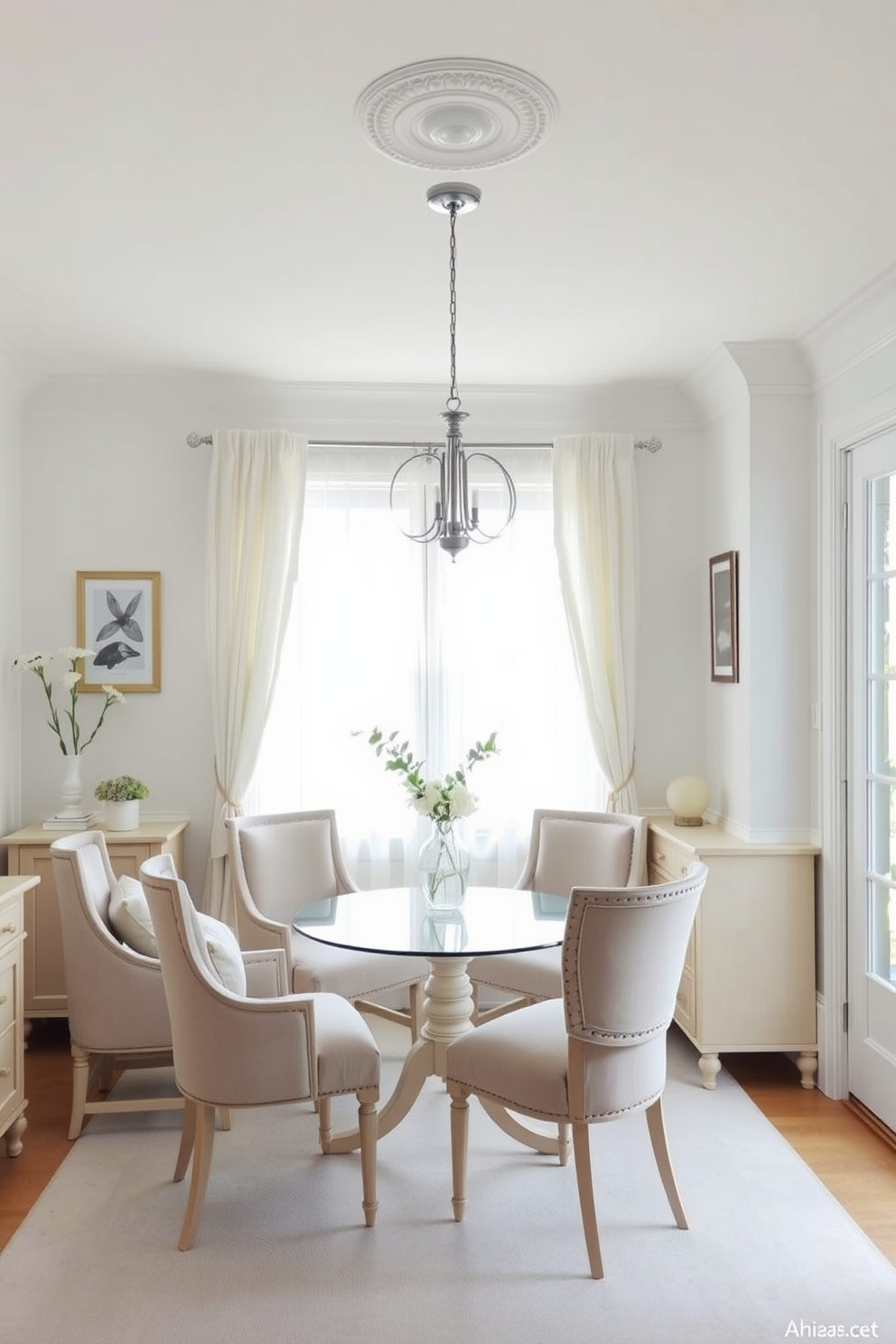 A light color palette creates an airy and inviting atmosphere in a small dining room. The walls are painted in soft whites and pale pastels, complemented by light wood furniture and delicate accents. A round table with a glass top sits at the center, surrounded by upholstered chairs in muted tones. Natural light floods the space through sheer curtains, enhancing the overall sense of openness and tranquility.