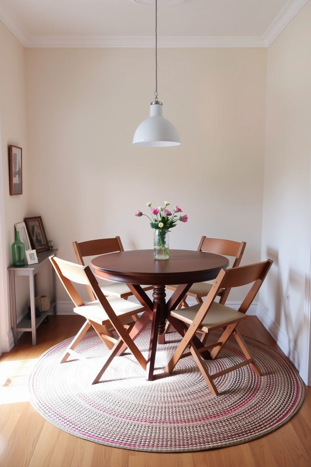 A cozy small dining room featuring a round wooden table surrounded by four foldable chairs that can be easily stored when not in use. The walls are painted in a soft cream color, and a pendant light hangs above the table, creating an inviting atmosphere for meals. In one corner, a small console table holds decorative items and a vase of fresh flowers. A woven rug lies beneath the table, adding warmth and texture to the space.